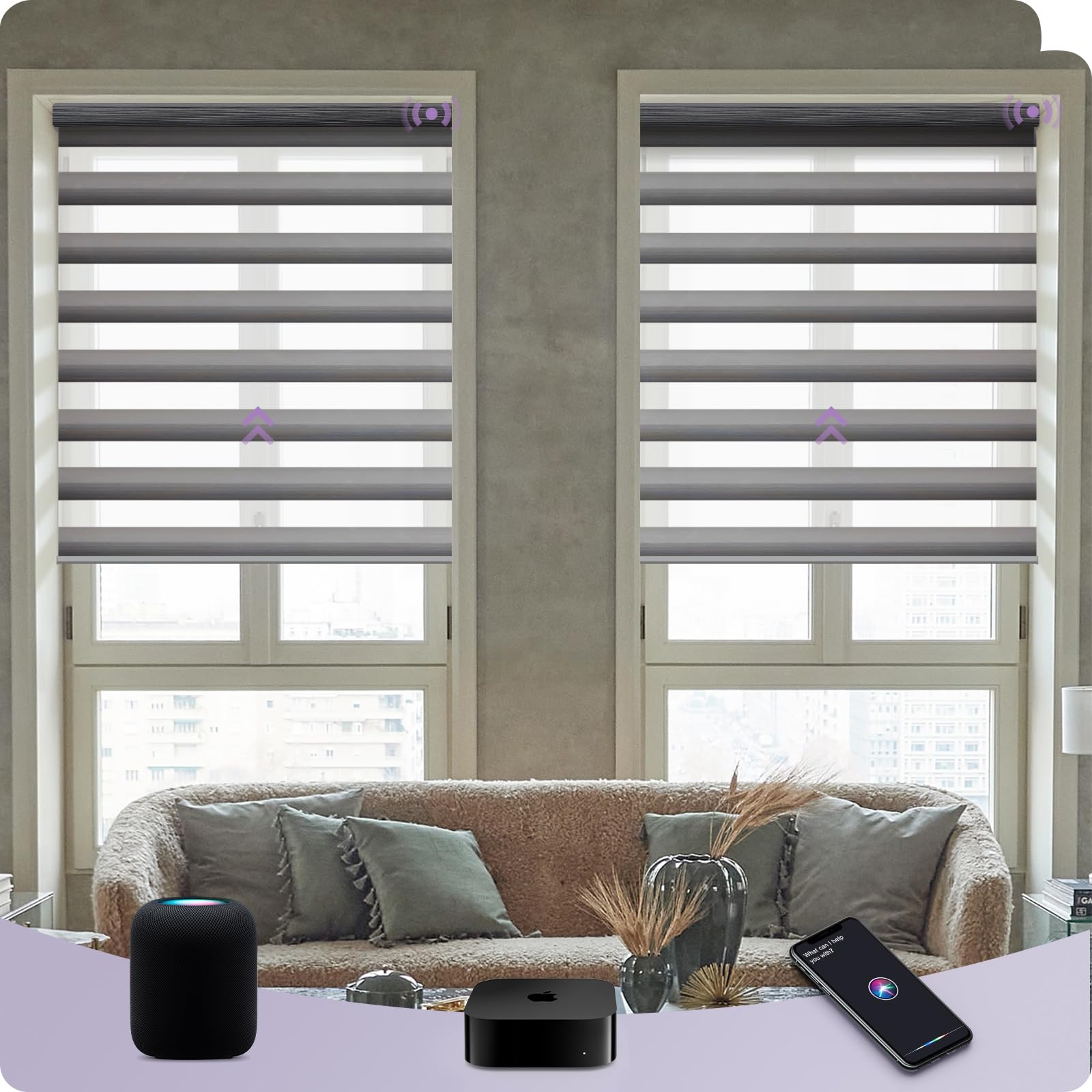 Graywind HomeKit Smart Zebra Blinds Eve Powered Siri Voice Home App Rechargeable Motorized Dual Layer Blinds Privacy Light Control, Custom Size (Gradient Grey Silver)