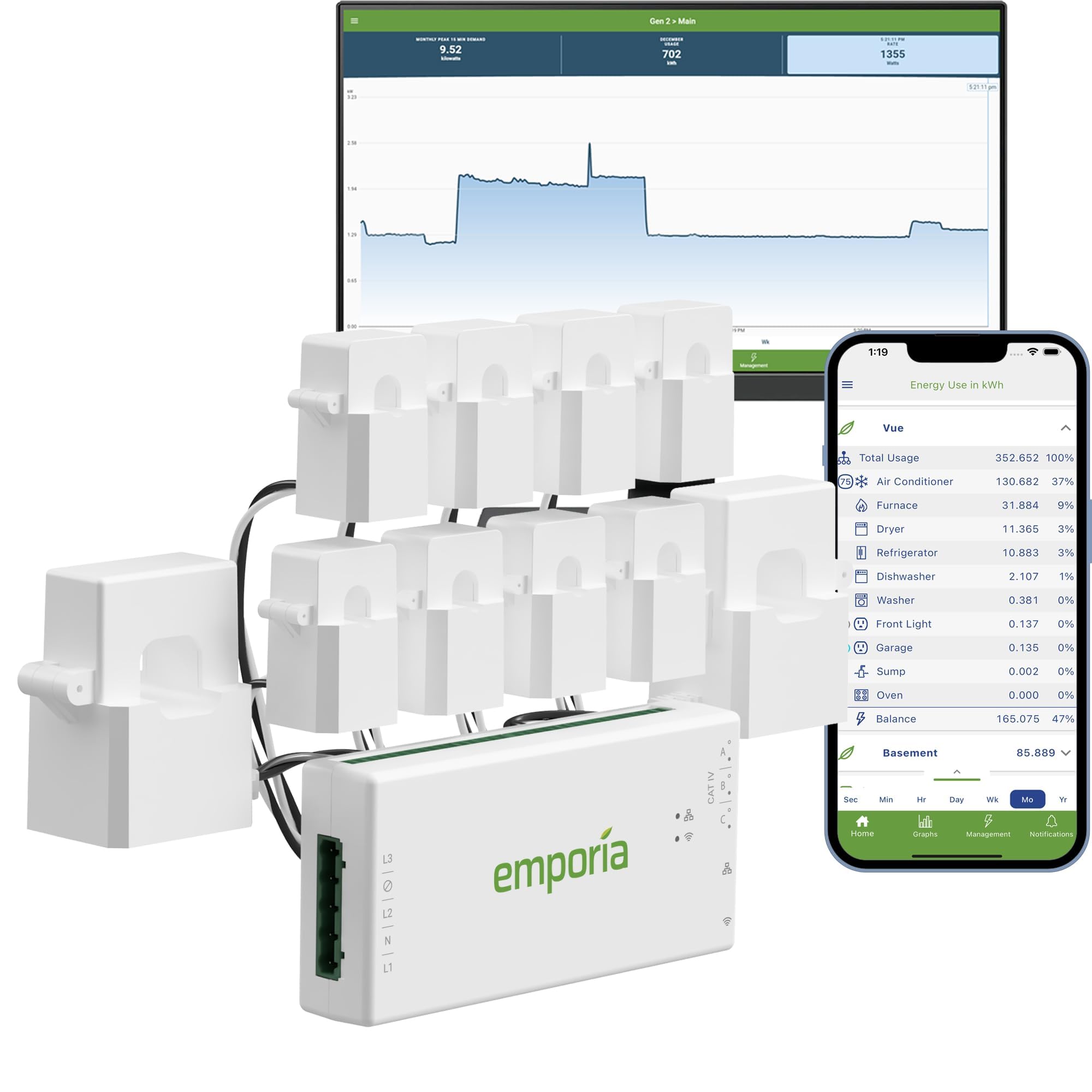 Emporia Vue 3 Commercial 3-Phase Smart Energy Monitor - Business and Home Automation Device with Real Time Electricity Usage Monitor, Power Consumption Meter, Solar and Net Metering