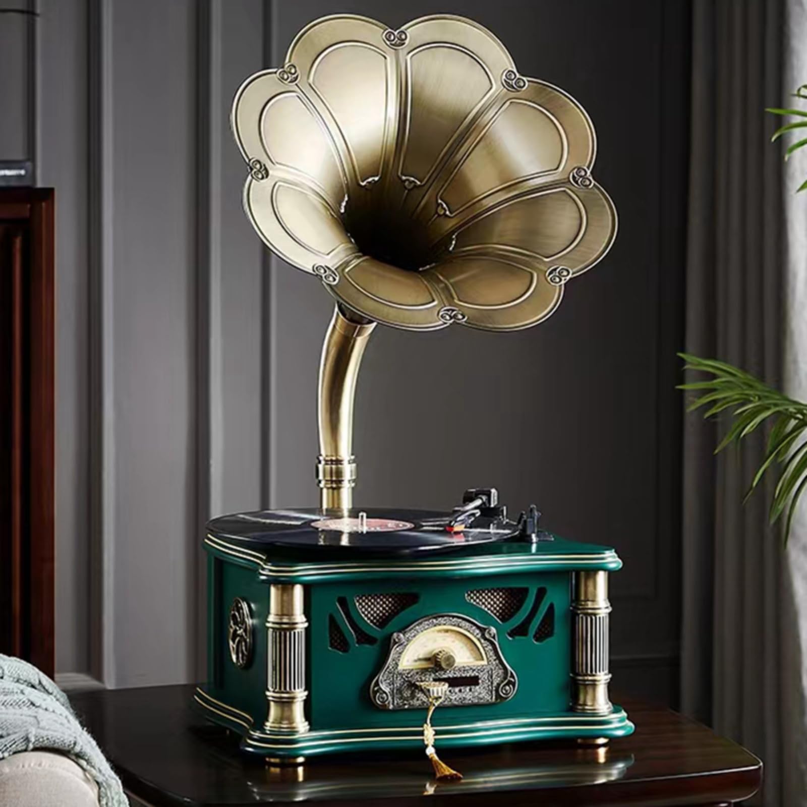 HZLSBL Vintage Gramophone with Bluetooth Output Vintage Record Players Retro Gramophone Turntables for 7" 9" 12" Vinyl Records 3 Speed, Hi-Fi, Handcrafted by Pure Oak (Dark Green)