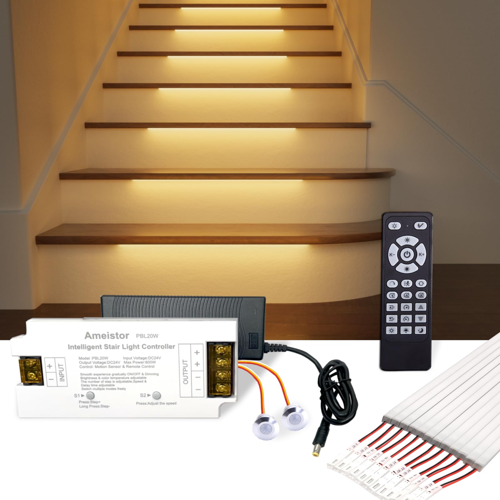 Ameistor Intelligent Motion Sensor Stair Lights Indoor, LED Step Lights with Remote Control, 20.4 Inch Aluminum Light Bar, Dimmable, 3000K-6000K (16 Stairs)