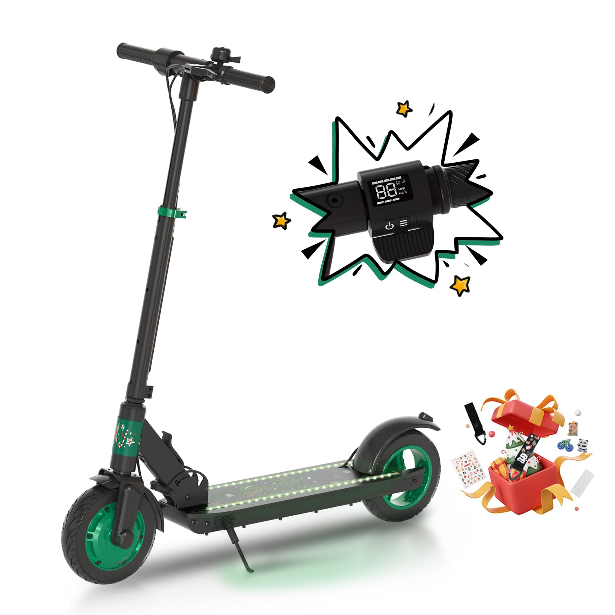 Electric Kick Scooter,3 Adjustable Height & Speed,350W Motor,8.5'' Solid Tires,Max 15 Mph Speed,Foldable Electric Scooter for Family (Cool Pedal Lights & LED Display)-Dark Green