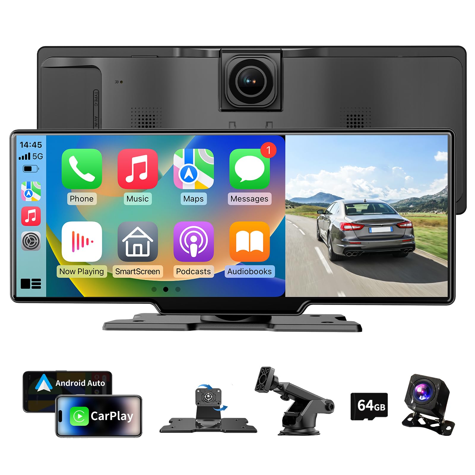 Portable Carplay Screen for Car, 10.26" HD Car Tablet, Wireless Audio Receivers, IPS Carplay & Android Auto Touch Screen with 4K Dash Cam, GPS Navigation, Siri, AUX/FM, Mirror Link, Backup Camera
