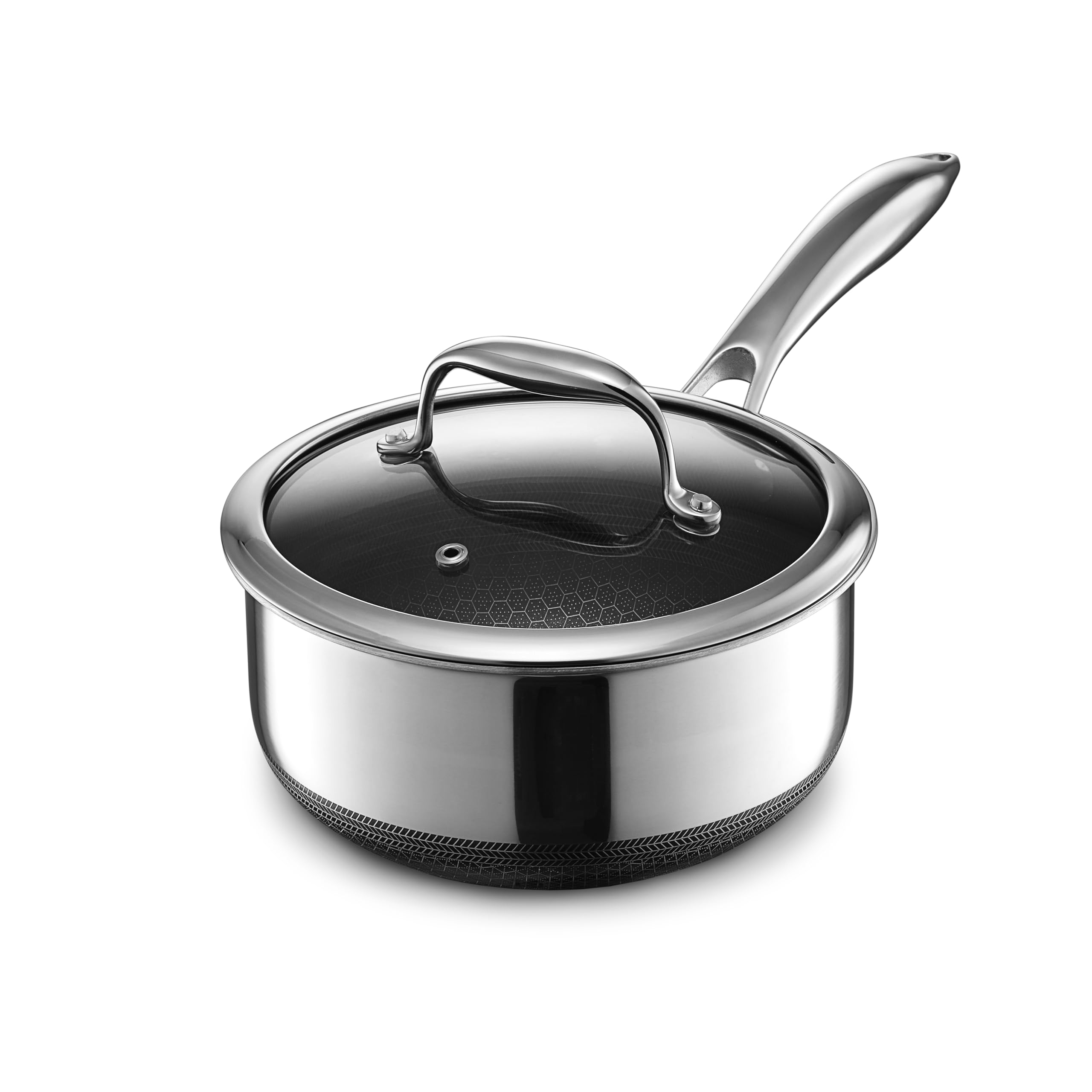 HexClad Hybrid Nonstick 2-Quart Saucepan with Tempered Glass Lid, Stay-Cool Handle, Dishwasher-Friendly, Oven-Safe Up to 900°F, Induction-Ready, Compatible with All Cooktops
