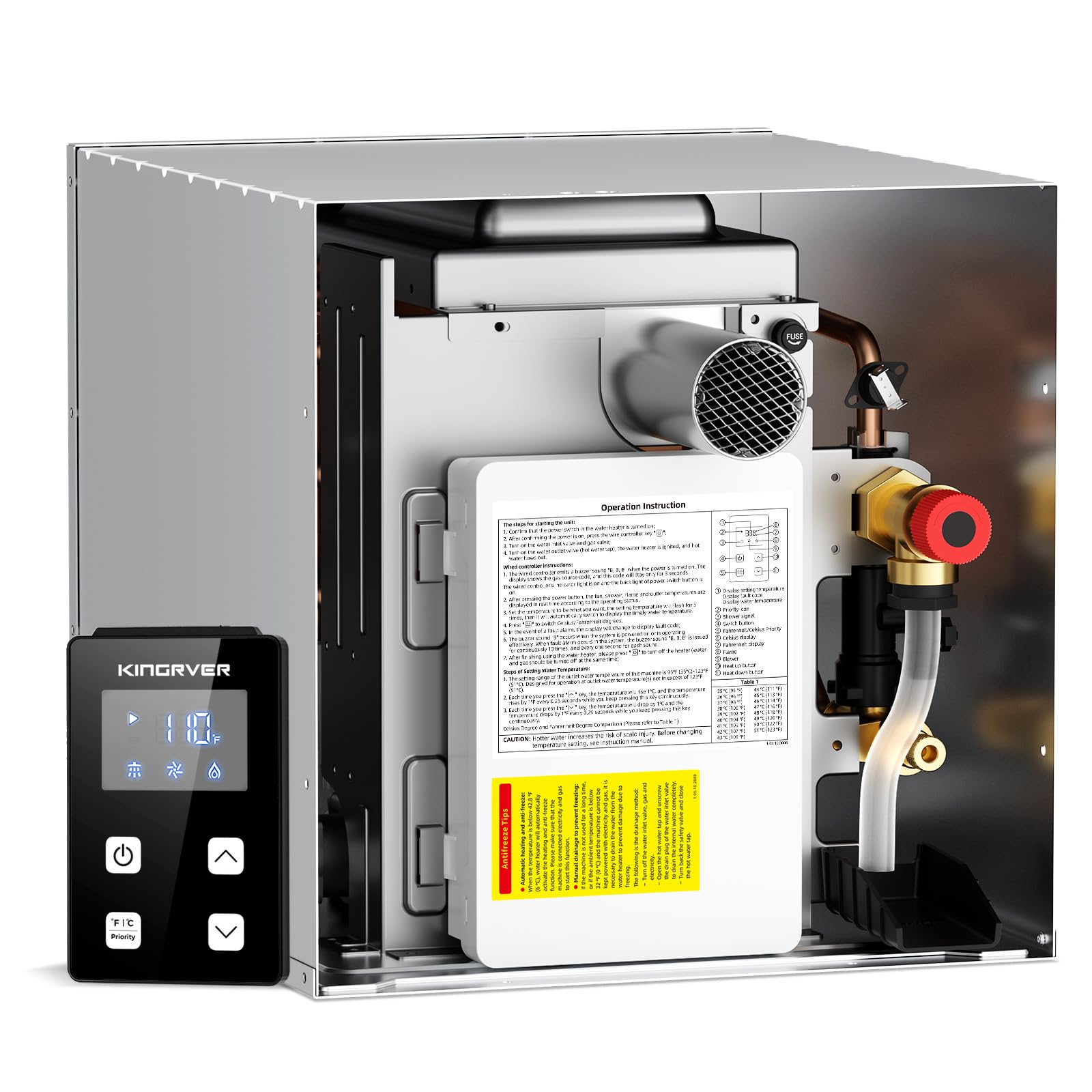65,000 BTU RV Tankless Water Heater without Door, KINGRVER, Propane Gas, DC 12V, 3 Optional Door Sizes 15"x15", 15"x18" and 18"x18" for Refitment, Compatible with All RVs, High Altitude