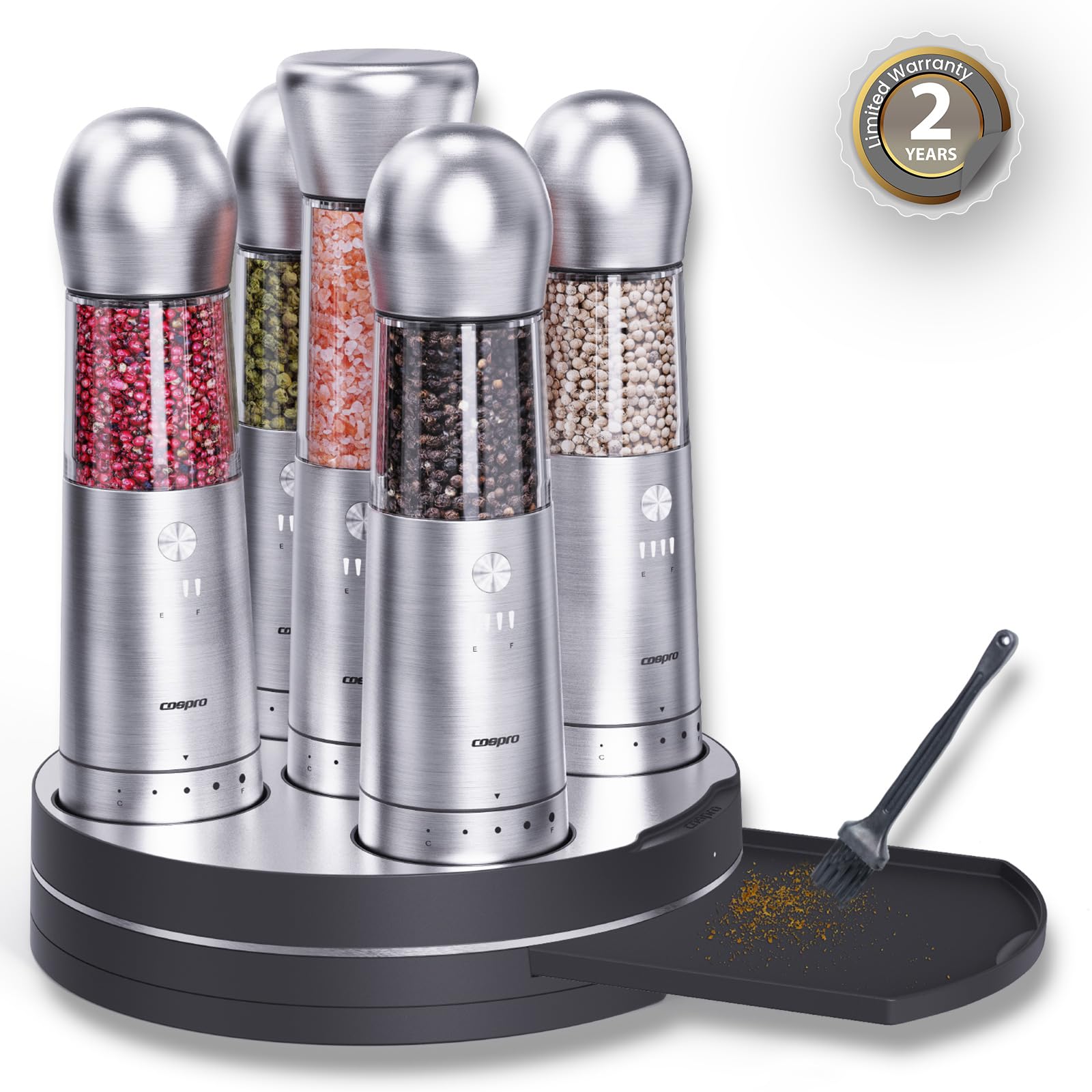 COSPRO 5-in-1 Wireless Charging Electric Salt and Pepper Grinder Set, Rechargeable Automatic Stainless Steel Spice Mill Set - One-Hand to Operate, Adjustable Coarseness, Easy Cleaning