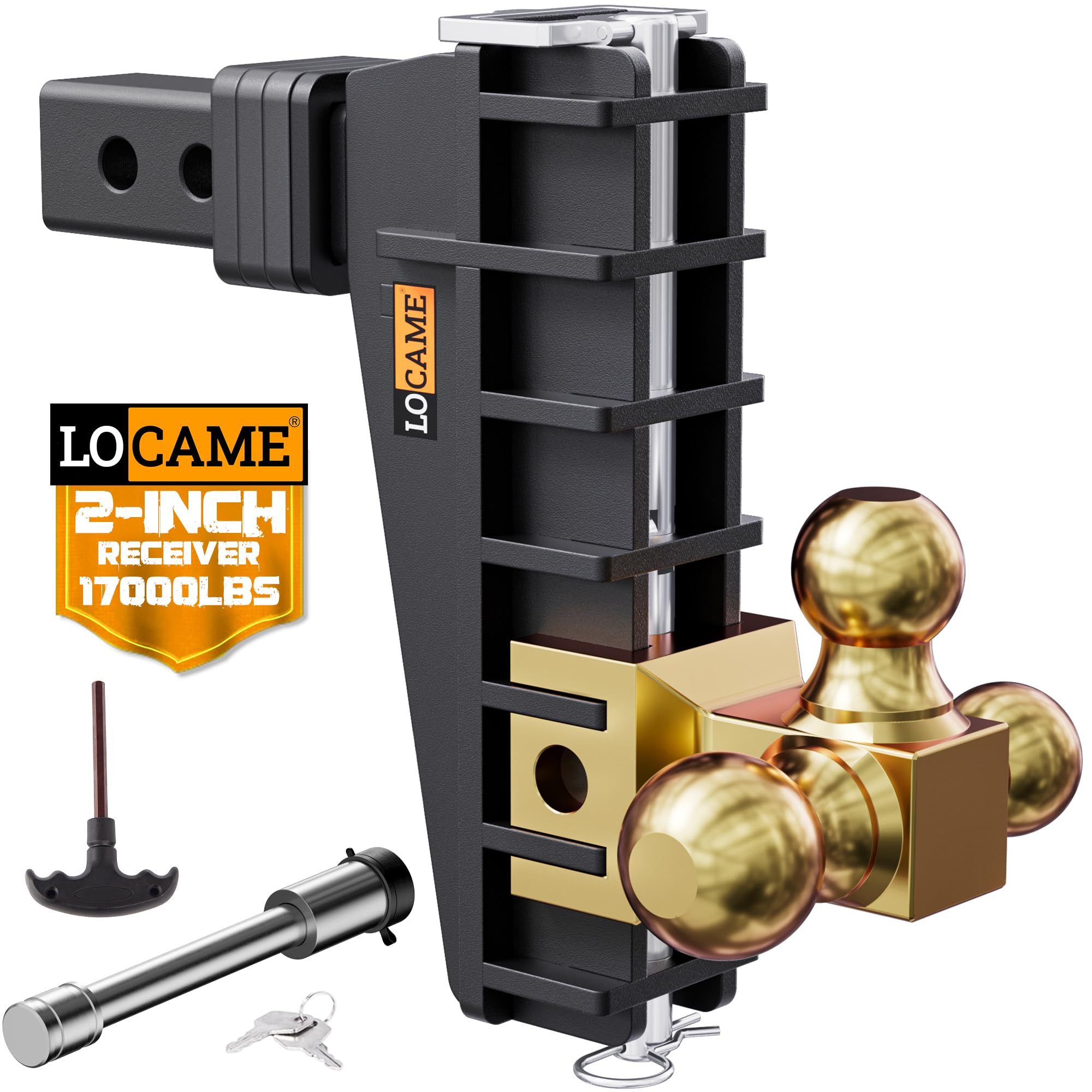 LOCAME Adjustable Trailer Hitch, Tri-Ball(1-7/8'', 2'', 2-5/16''), Fits 2 Inch Receiver, 8 Inch Drop Hitch, 17000 LBS GTW, Heavy Duty Trailer Hitch for Truck, Gold, LC0081