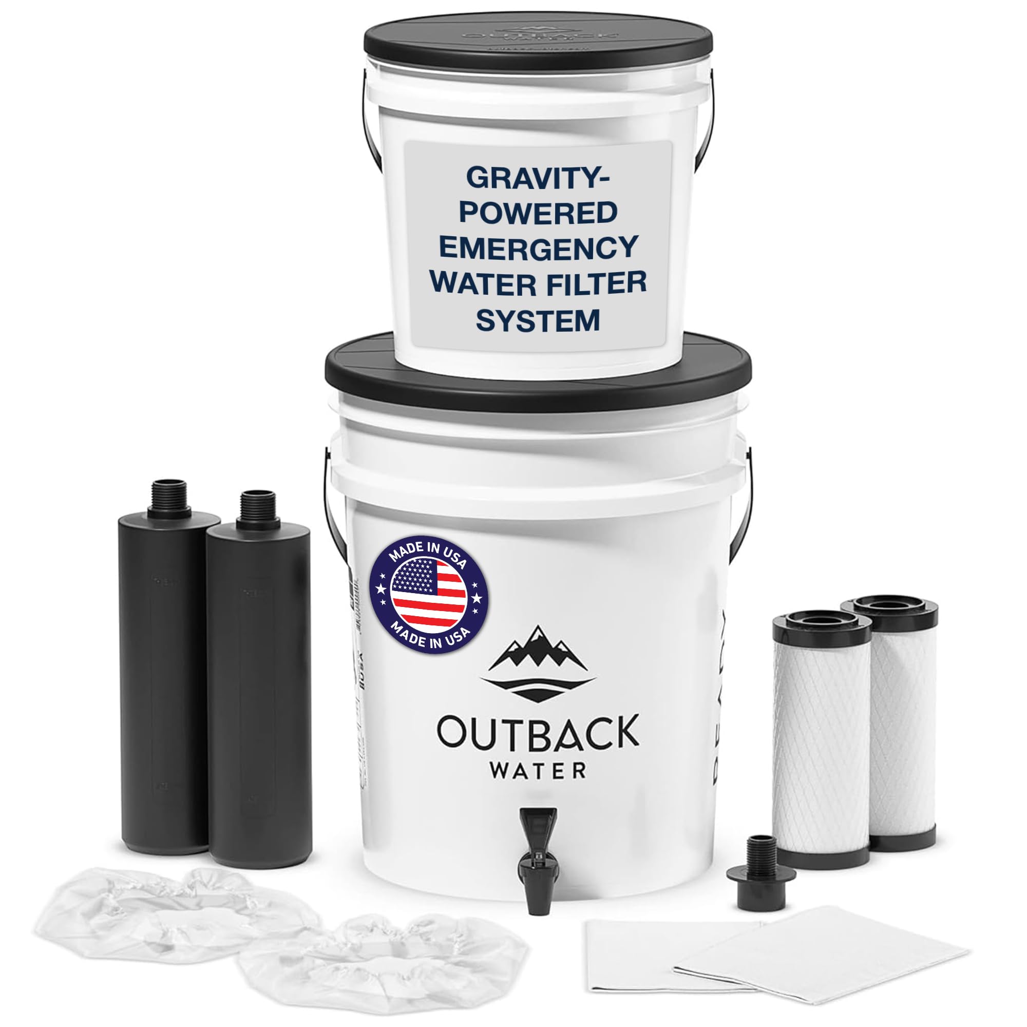 Outback Water Emergency Drinking Water Filter System w/Extra Filter Replacement Kit - Gravity Fed Bucket Water Filtration for Survival, Off-Grid, Disaster Preparedness, Travel, & Camping, Bug Out Kit
