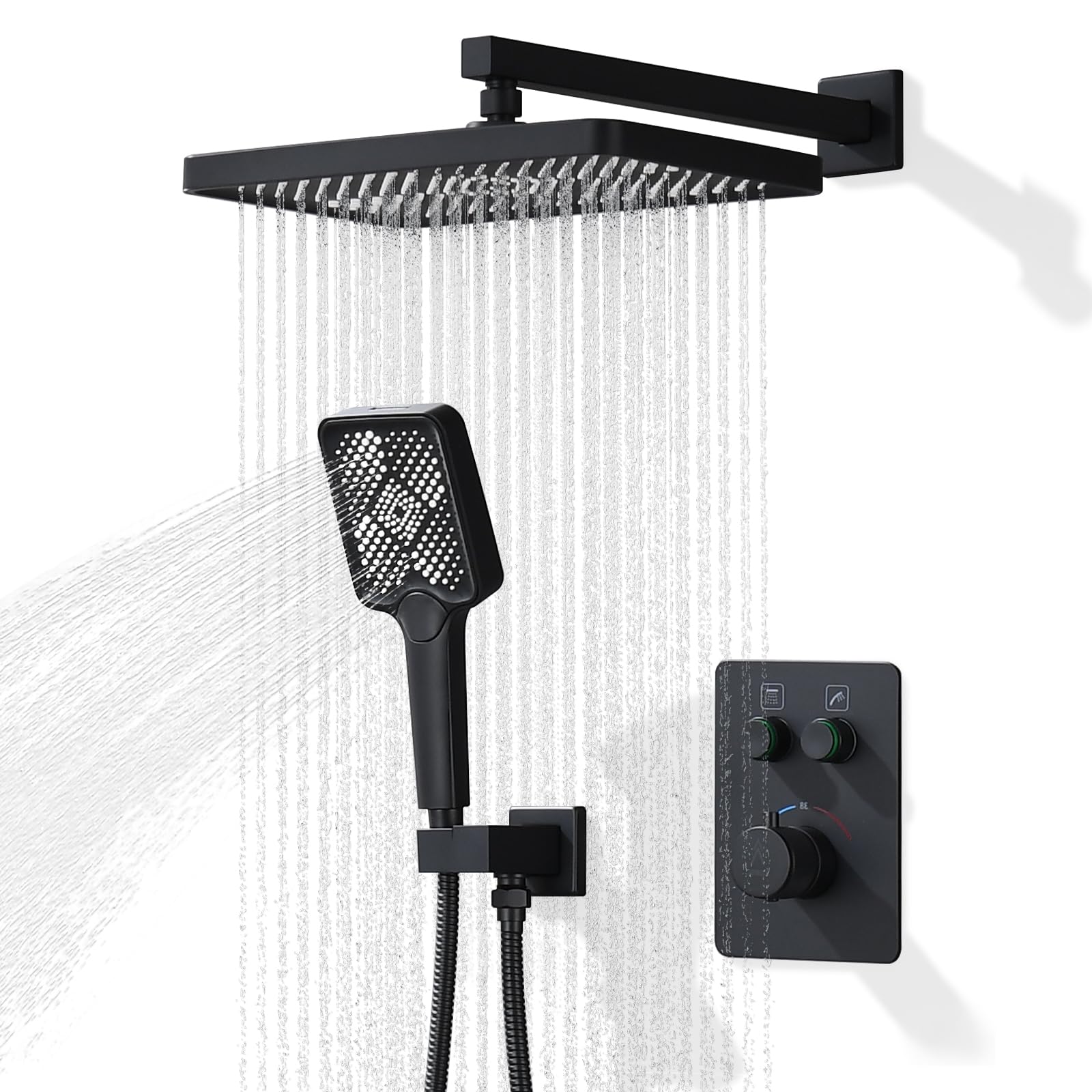 JQBQS Thermostatic Shower Valve/System 12 inches Black Brass Faucet Set With Diverter/Mixer With Handheld Rain Head High Pressure Modern Rainfall