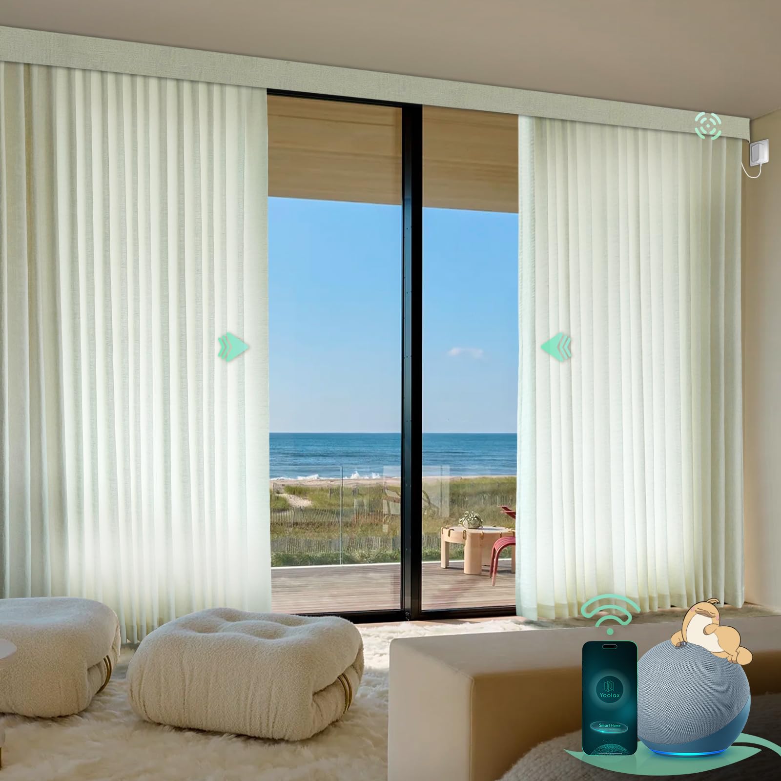 Yoolax Smart Retractable Curtain Compatible with Alexa and Google Home, Motorized Curtain Hardwired with Remote Customized Size (White)