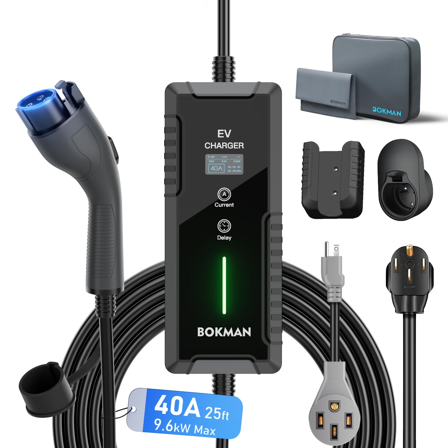 bokman Portable Level 1&2 EV Charger (240V,40A) Current Adjustable with 25ft Charging Cable and NEMA 14-50 for SAE-J1772 Electric Vehicles and PHEVs, Reservation Charging Function+ NEMA 5-15 Included
