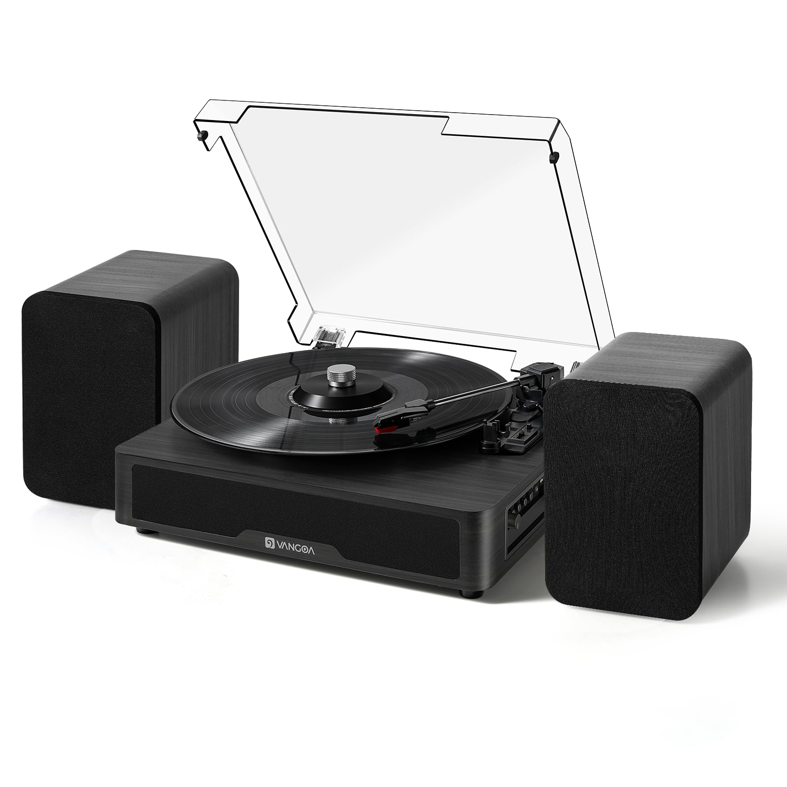 Vangoa Black Record Player with Speakers, Vintage 3-Speed Bluetooth Turntable with Dual Stereo Speakers | LP Vinyl Players Set with Record Weight Stabilizer, Upgraded Turntable Audio Sound