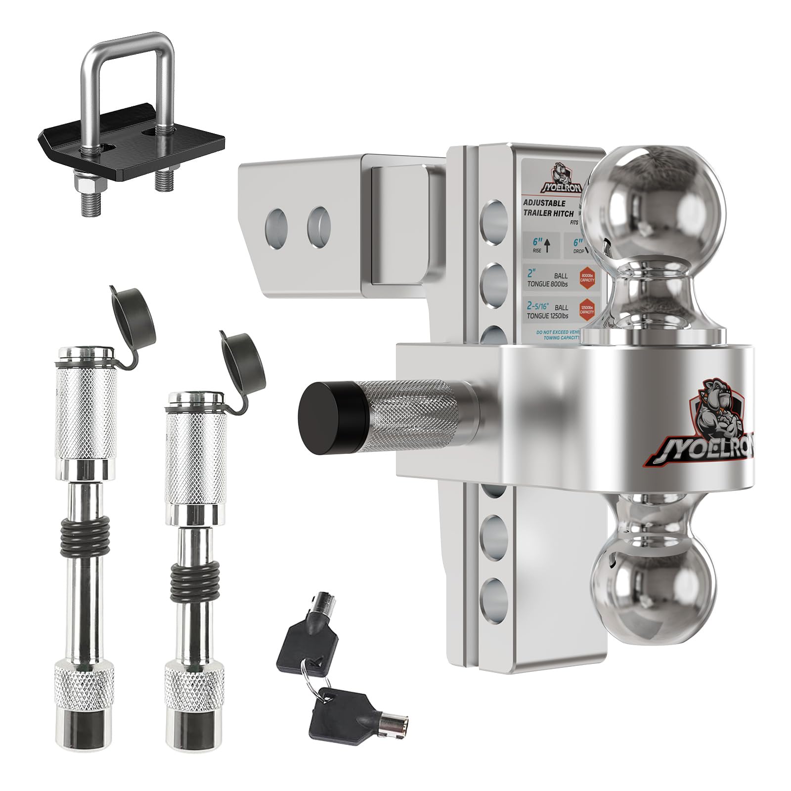 Jyoelron Adjustable Trailer Hitch (2.5" Receiver) 6" Drop & Rise (12,500 LBS GTW) Heavy Duty Aluminum Tow Hitches Dual Ball (2" & 2-5/16") Hitch Tightener Double Anti-Theft Locking Hitch Pins