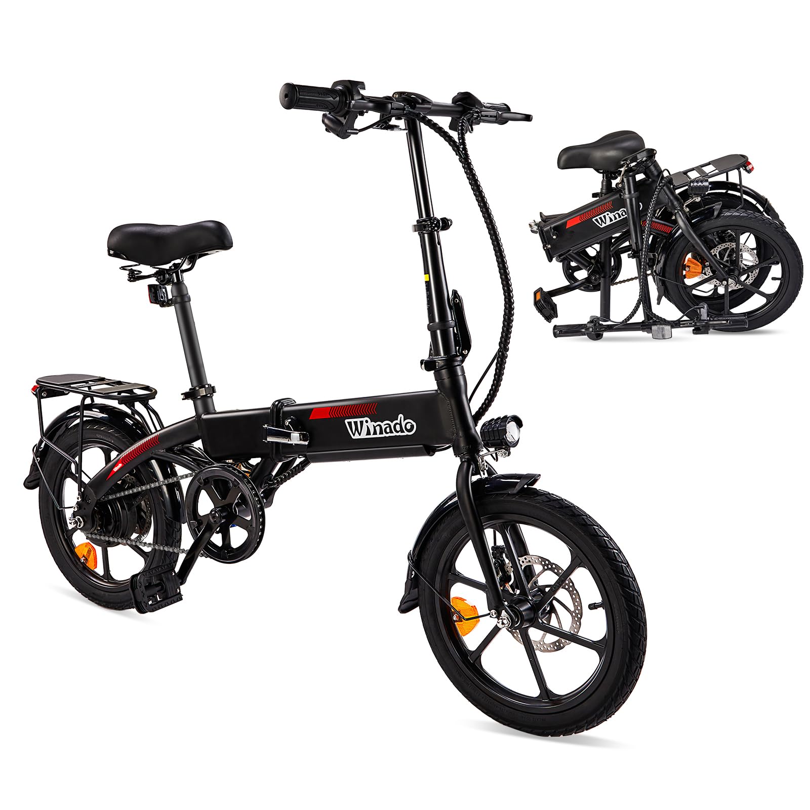 Winado 16" Electric Bike for Adults, Folding Electric Bicycle 350W Motor with Dual Disc Brakes, Max Range 35Miles(Pedal-Assist) & Speed 15.5Mph, Foldable Commuter City Ebike for Adults/Teens, Black