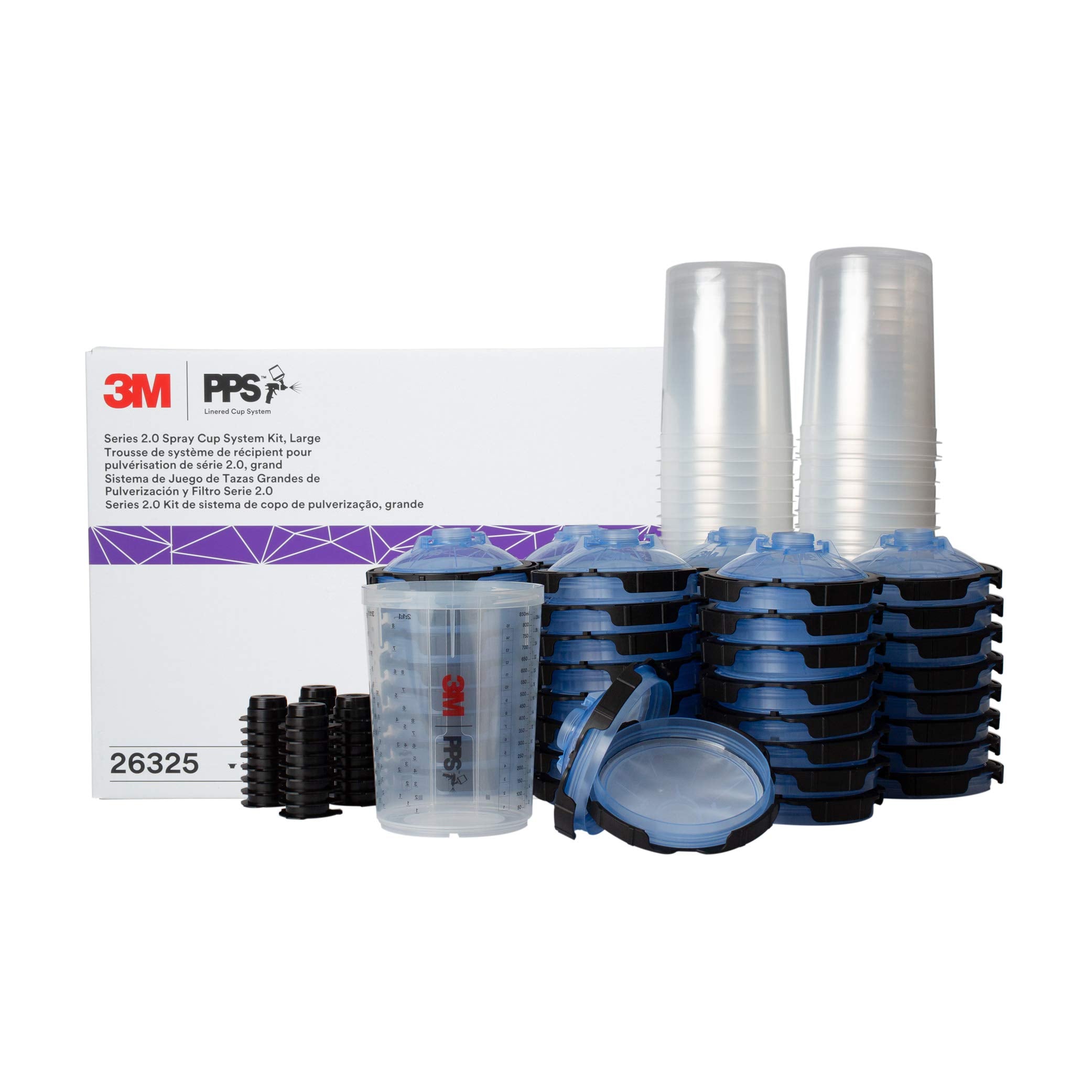 3M PPS 2.0 Spray Gun Cup, Lids and Liners Kit, 26325, Large, 28 Ounces, 125-Micron Filter, Use for Cars, Furniture, House and More, 1 Paint Cup, 50 Disposable Lids and Liners, 32 Sealing Plugs