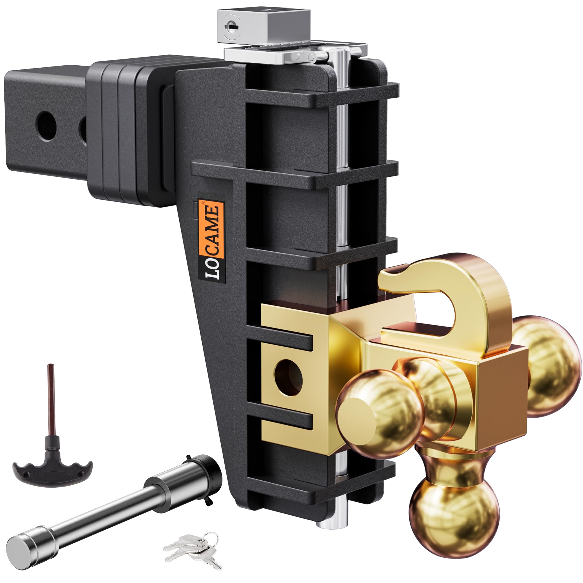 LOCAME Adjustable Trailer Hitch with Hook, Tri-Ball (1-7/8", 2", 2-5/16") Drop Hitch, Fits 2.5 Inch Receiver, 6" Drop Down Hitch, 18,500 LBS Heavy Duty Truck, Solid Ball Mount, Gold, LC0085