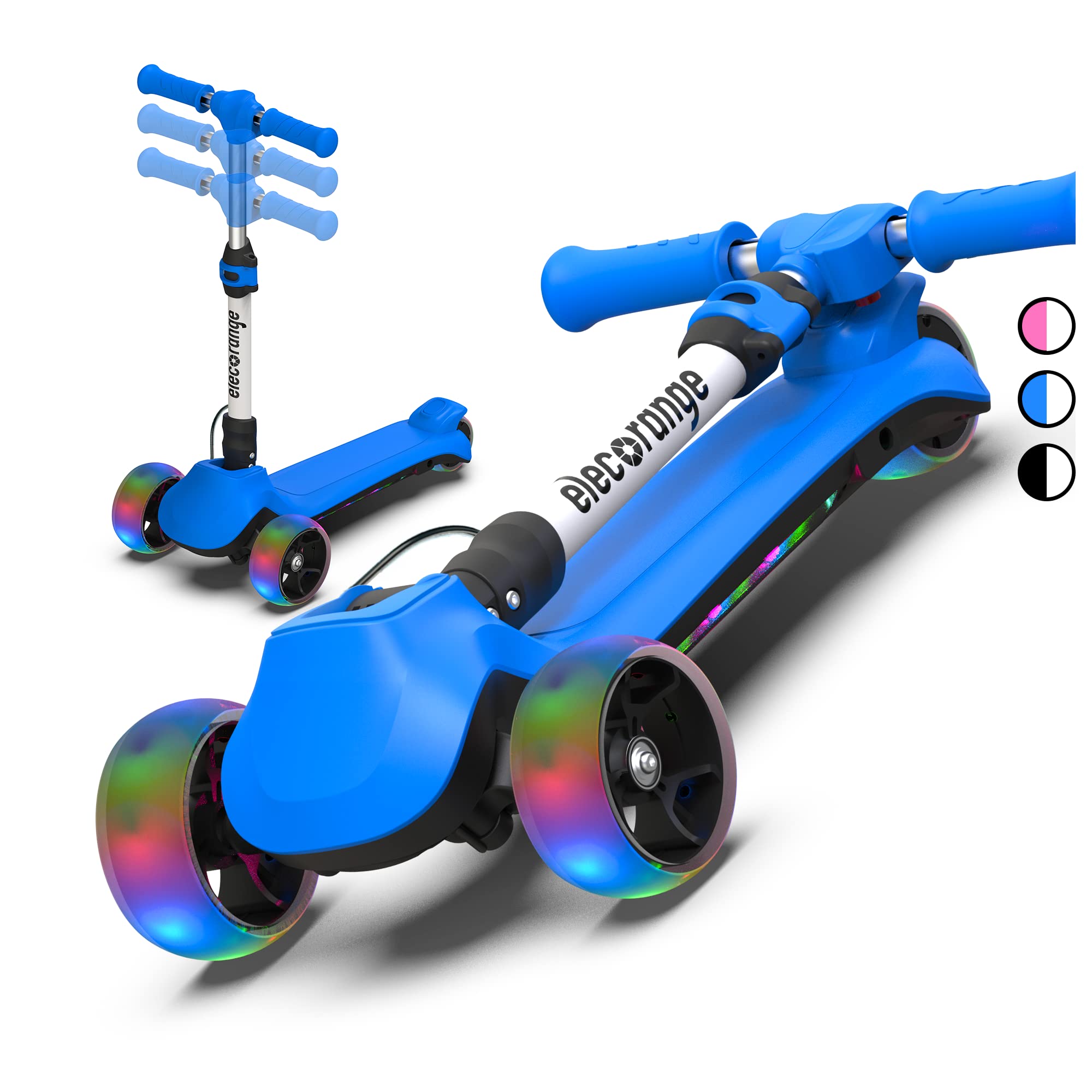 Elecorange Electric Scooter for Kids Ages 4-6, 3 Extra Wide Light Up Wheel & Deck, 3 Adjustable Heights, 5 Mph, Foldable 3 Wheel Electric Scooter for Kids, Toddlers, Boys, Girls Ages 4-8, Blue