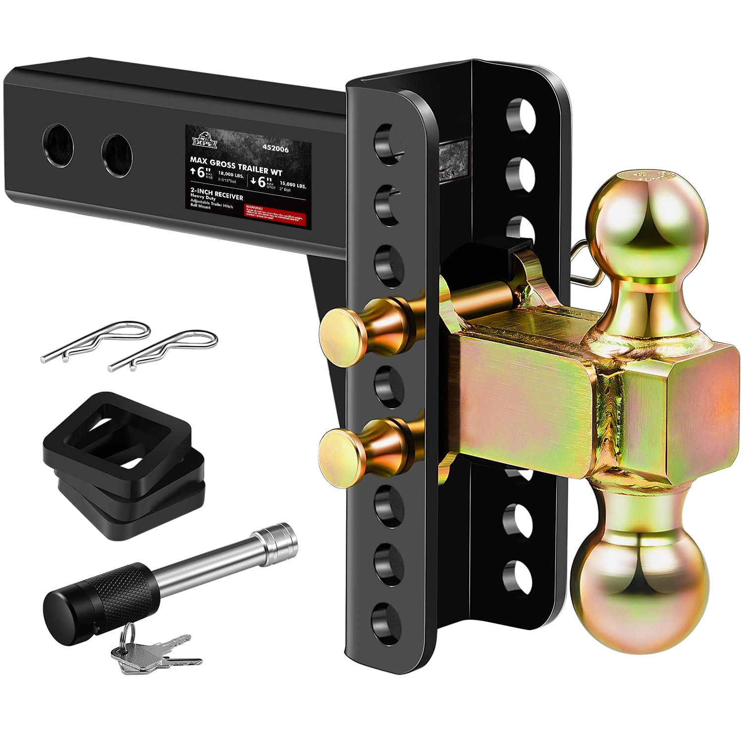 Adjustable Trailer Hitch, Fits 2.0-Inch Receiver, 6-Inch Drop/Rise,2" & 2-5/16" Ball Hitches for Trucks, 20,000 LBS GTW - Receiver Hitch with Anti-Theft Pin, Solid Ball Mount, BLK,X-452006