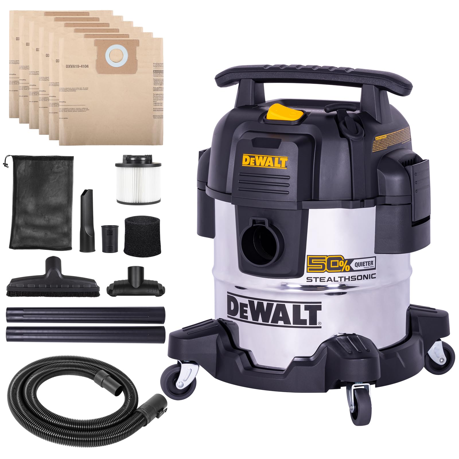 DEWALT 5 Gal Stealthsonic Shop Vacuum Wet and Dry, Ultra-Quiet Stainless Steel Shop Vac, 4 HP Heavy-Duty Vacuum Cleaner with Complete Accessory Kit and 6 Dust Bages for Home, Workshop, Garage, Car