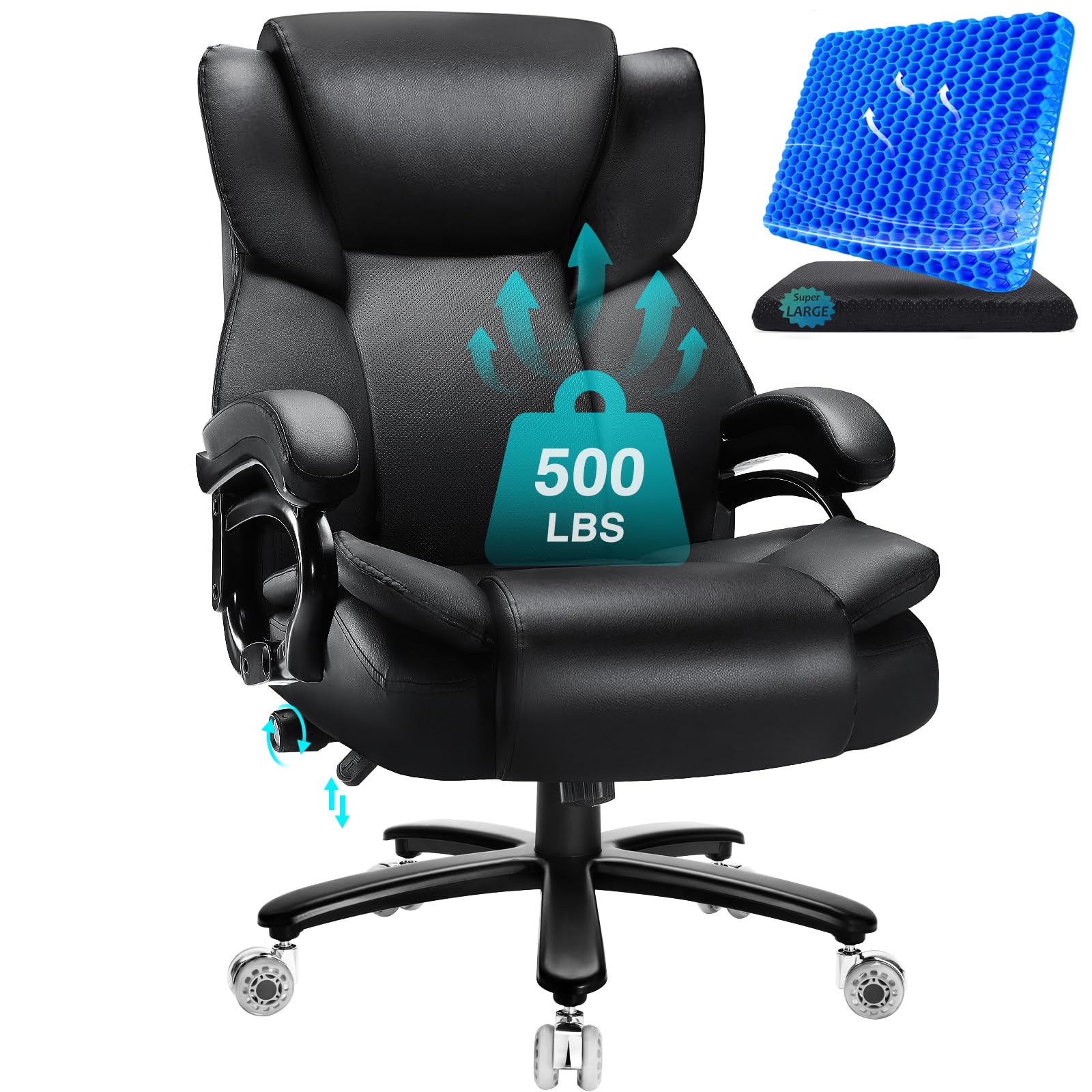 Indulgear 500lbs Big and Tall Office Chair with Gel Seat Cushion,Heavy Duty Office Chair for Heavy People, High Back Executive Computer Chair with Adjustable Lumbar Support, Dual Rubber Wheel