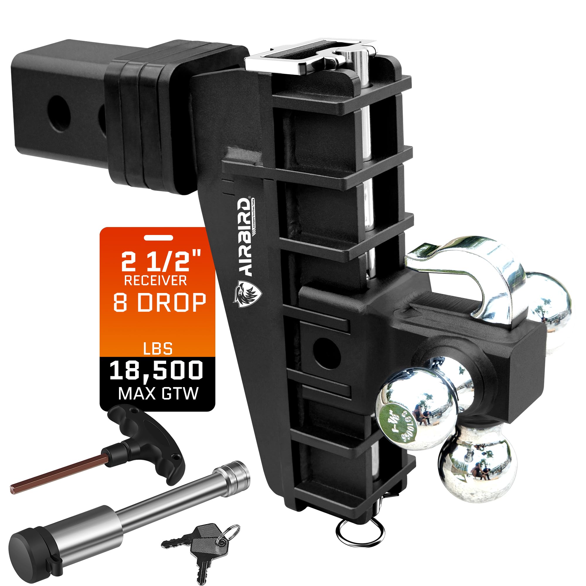 AIRBIRD Adjustable Trailer Hitch Fits 2.5-Inch Receiver, Heavy Duty Tow Hitches (18500 LBS GTW) 8 Inch Drop Truck Hitch Tri-Ball Mount with Hook (1-7/8" x 2" x 2-5/16")