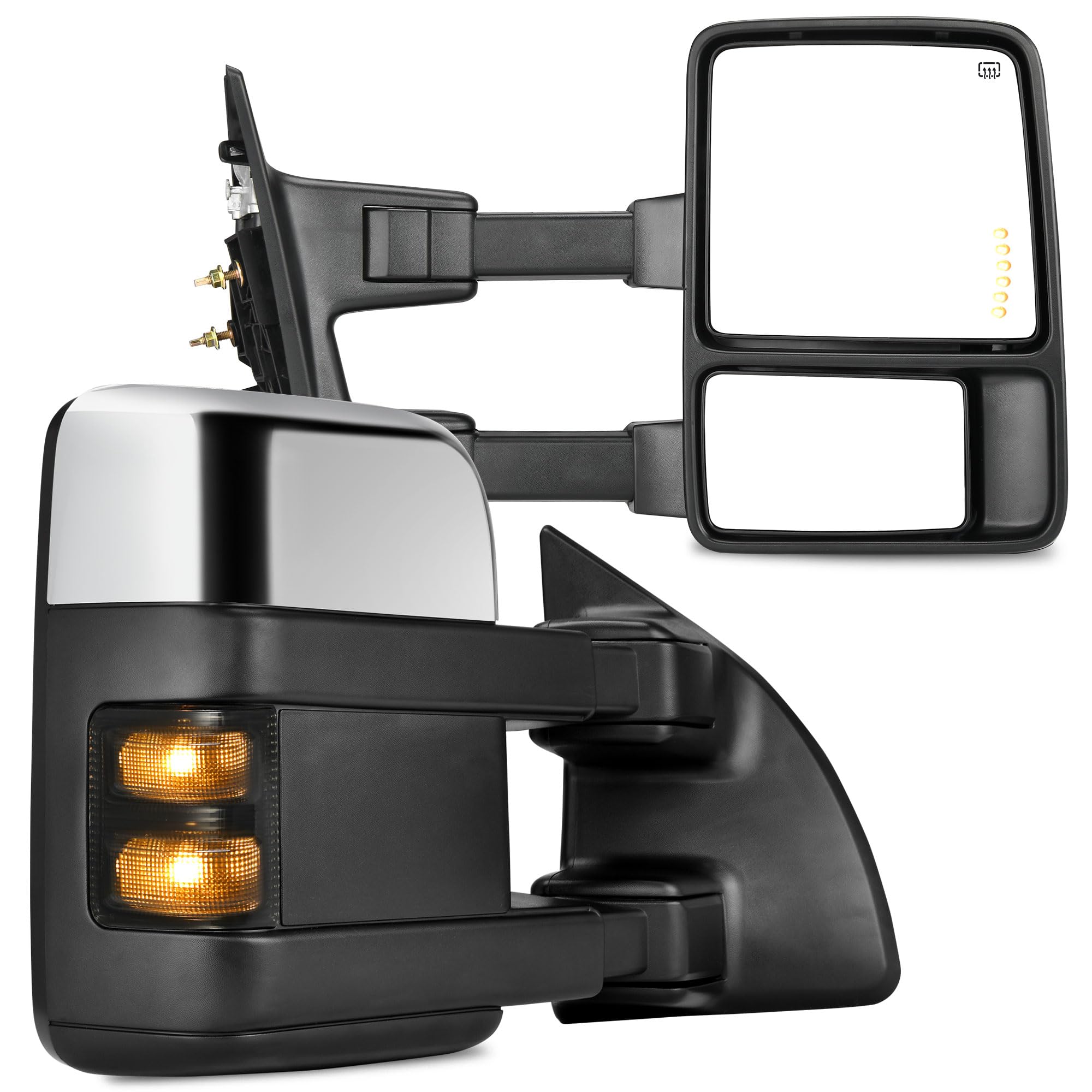 YITAMOTOR Towing Mirrors Compatible With 1999-2007 Ford F250 F350 F450 F550 Super Duty LED Turn Signal Power Adjusted Heated Telescoping Chrome