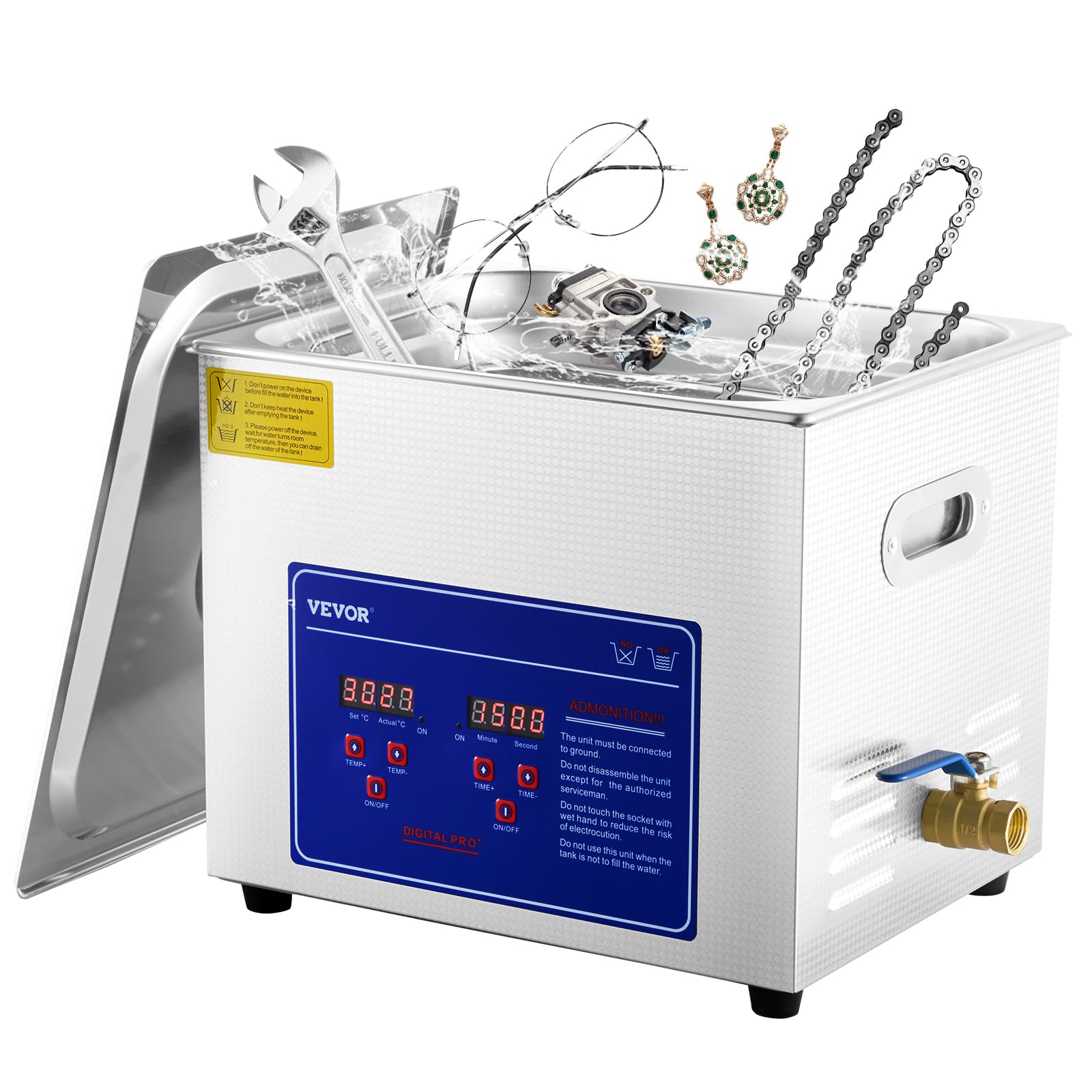 VEVOR Ultrasonic Professional Cleaner 10L/2.5 Gal, Easy to Use with Digital Timer & Heater, Stainless Steel Industrial Machine for Jewelry Dentures Small Parts, 110V, FCC/CE/RoHS Certified, 10 Liter