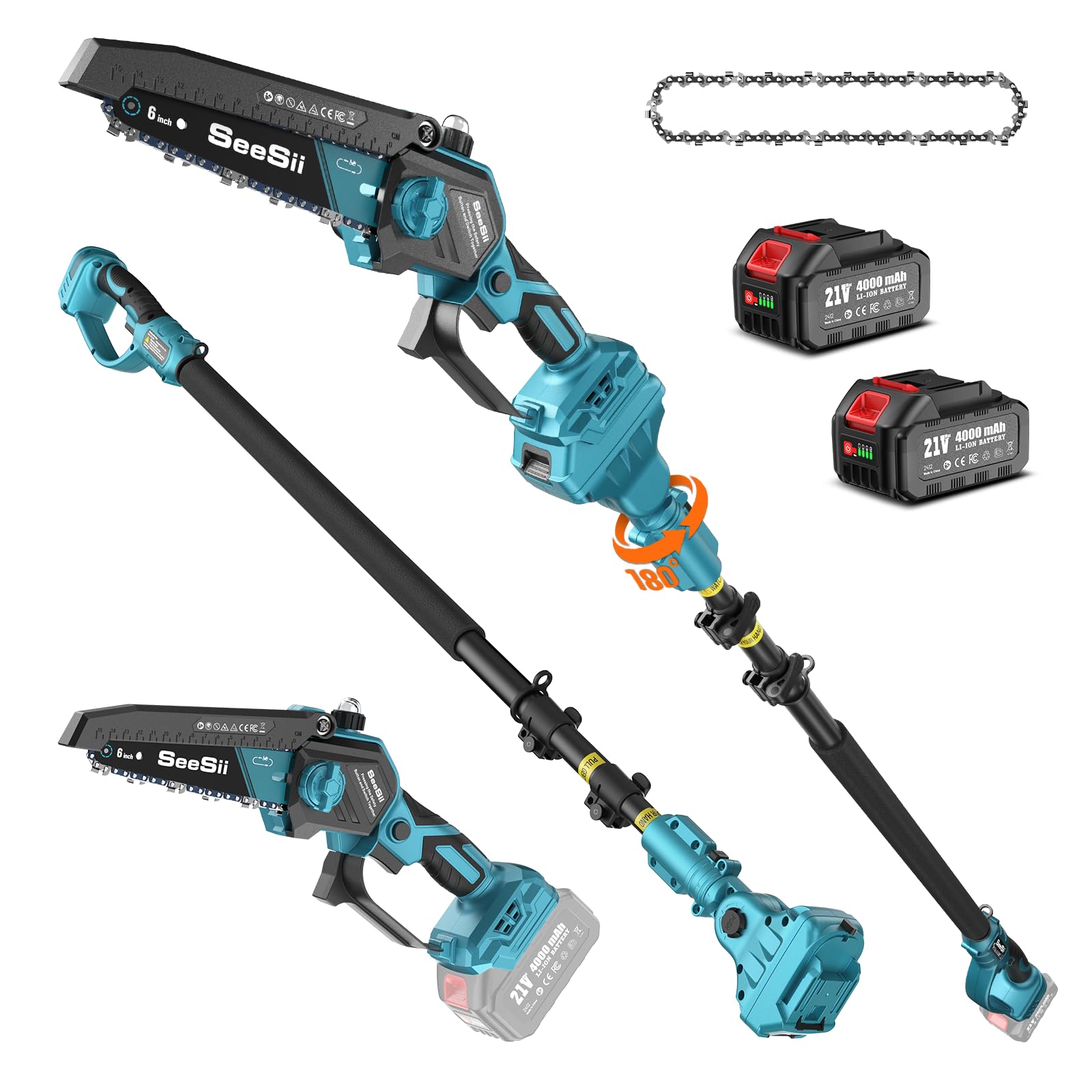Seesii 2-in-1 Pole Saws for Tree Timming: Electric Mini Chainsaw 6 Inch Cordless, 2 x 4000mAh Batteries Tree Pruner, Brushless Chain Saw with Extension Pole for Limb Branch Cutter,16Ft Reach