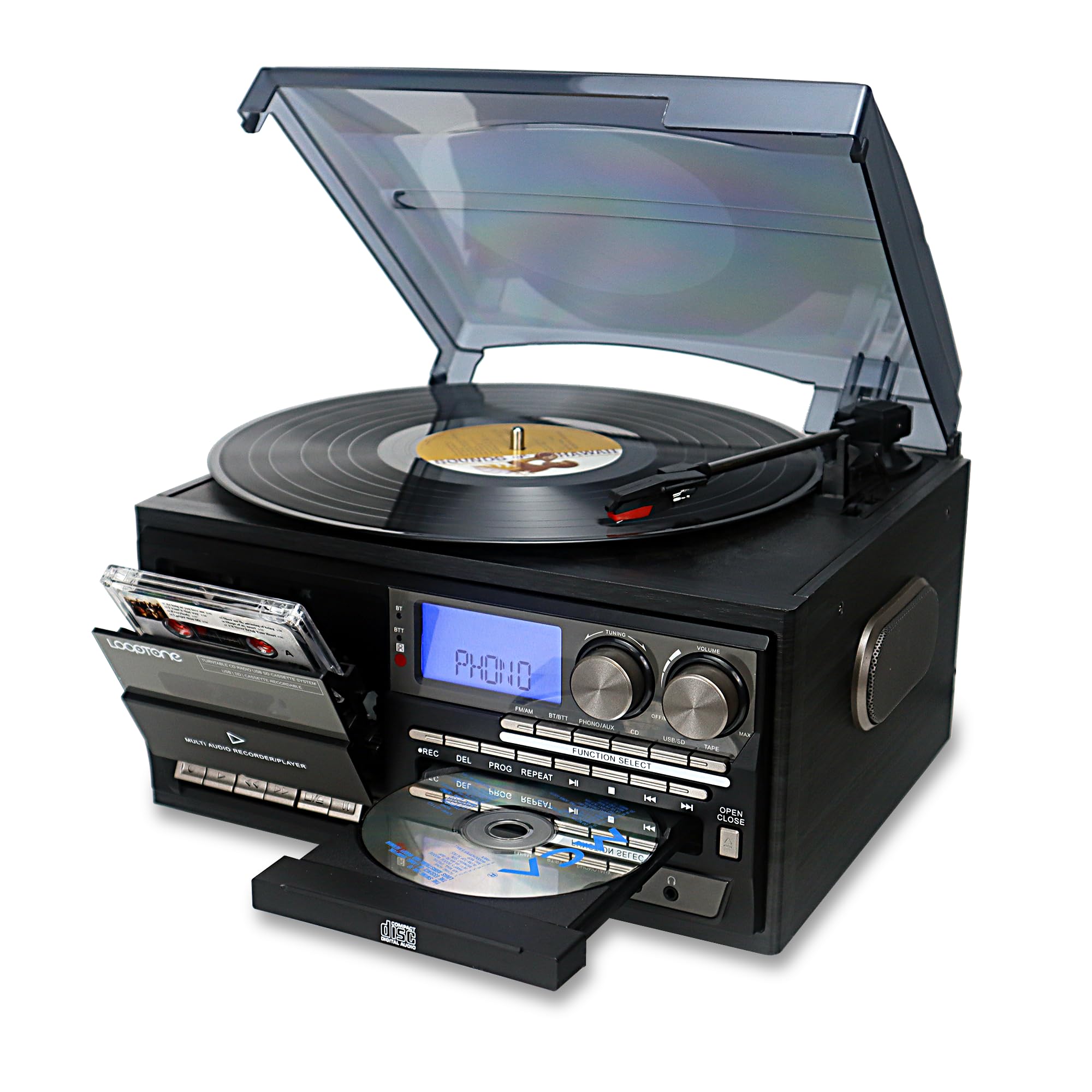 LoopTone Vinyl Record Player 10 in 1 3 Speed Bluetooth Vintage Turntable CD Cassette Player AM/FM Radio USB Recorder Aux-in RCA Line-Out (Black-Grey)