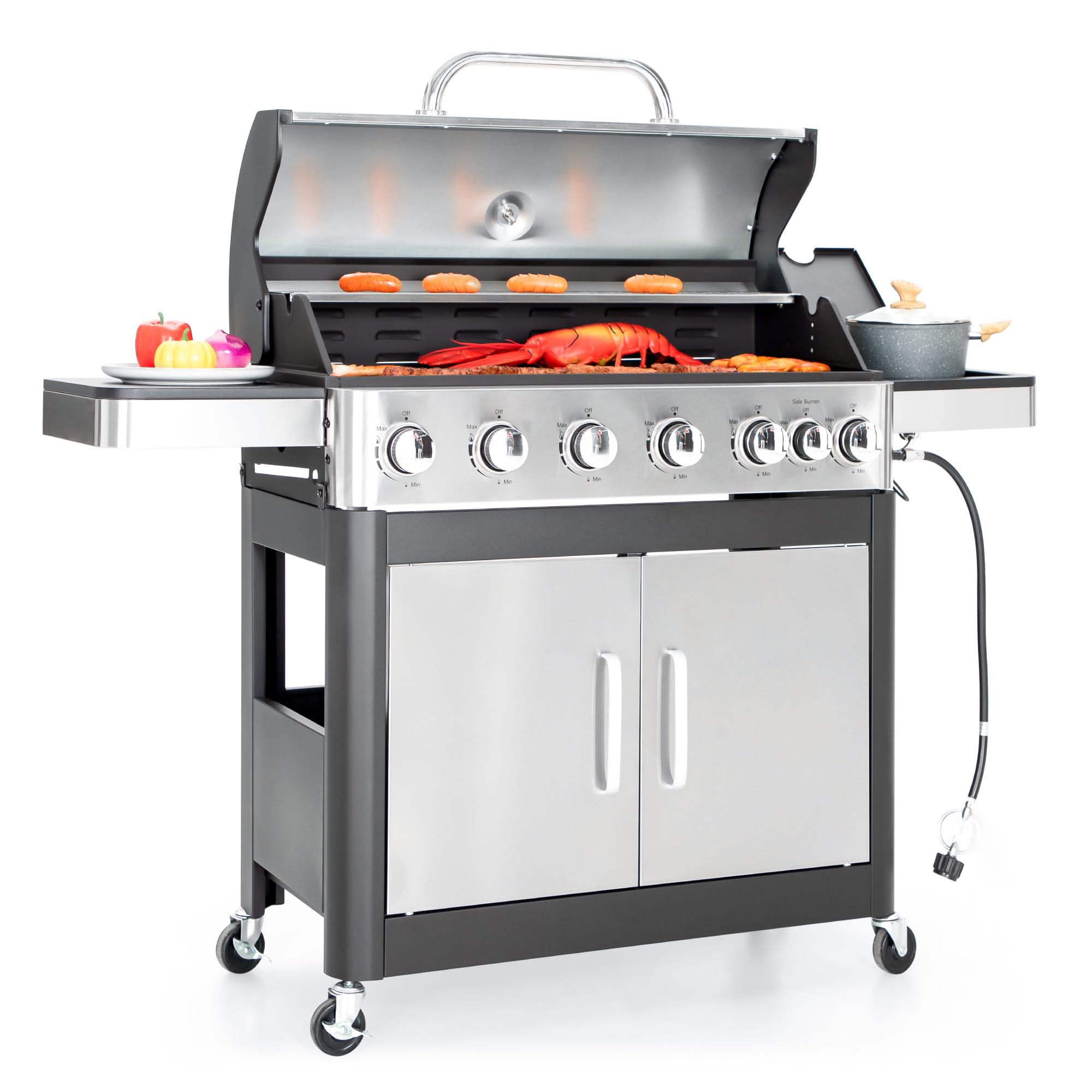 Captiva Designs 6-Burner Propane Gas BBQ Grill with Side Burner & Porcelain-Enameled Cast Iron Grate for Outdoor Kitchen & Backyard Barbecue, 65,800 BTU Output,665 SQ.IN. Cooking Area,Stainless Steel