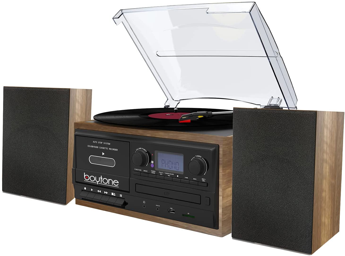 Boytone BT-58W Bluetooth Classic Record Player Turntable All-in-One with AM/FM Radio, CD/Cassette Player, 2 Separate Stereo Speakers, Record Vinyl, Radio and Cassette to MP3, SD, USB, AUX, Walnut Wood