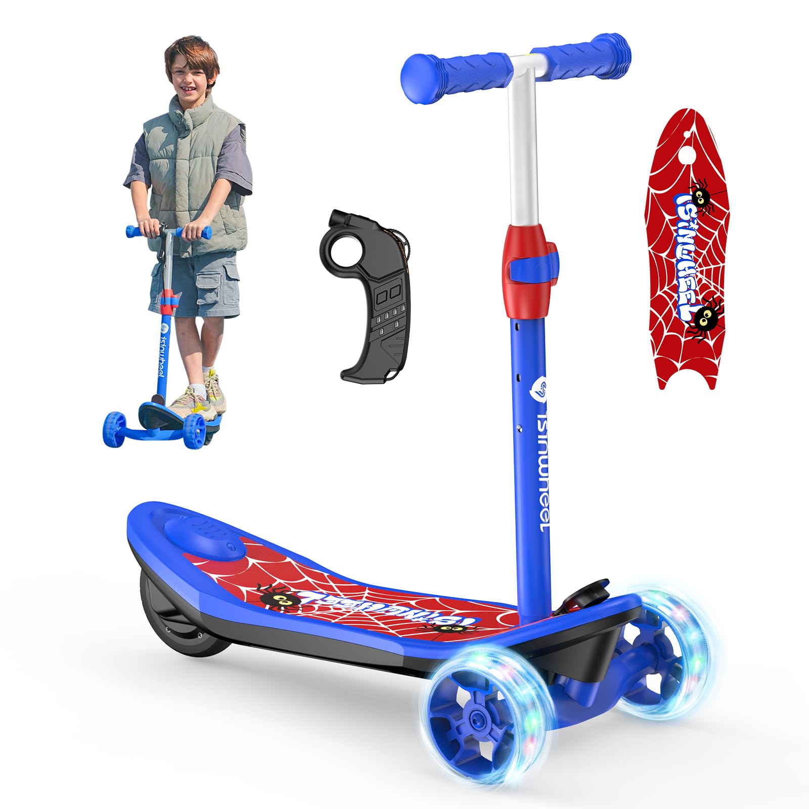 isinwheel MiniSpider Electric Scooter for Kids Ages 3-12, 2-in-1 3 Wheel Electric Scooter with Remote Controller and 2 Speeds, Nice Gifts for Kids(Blue)