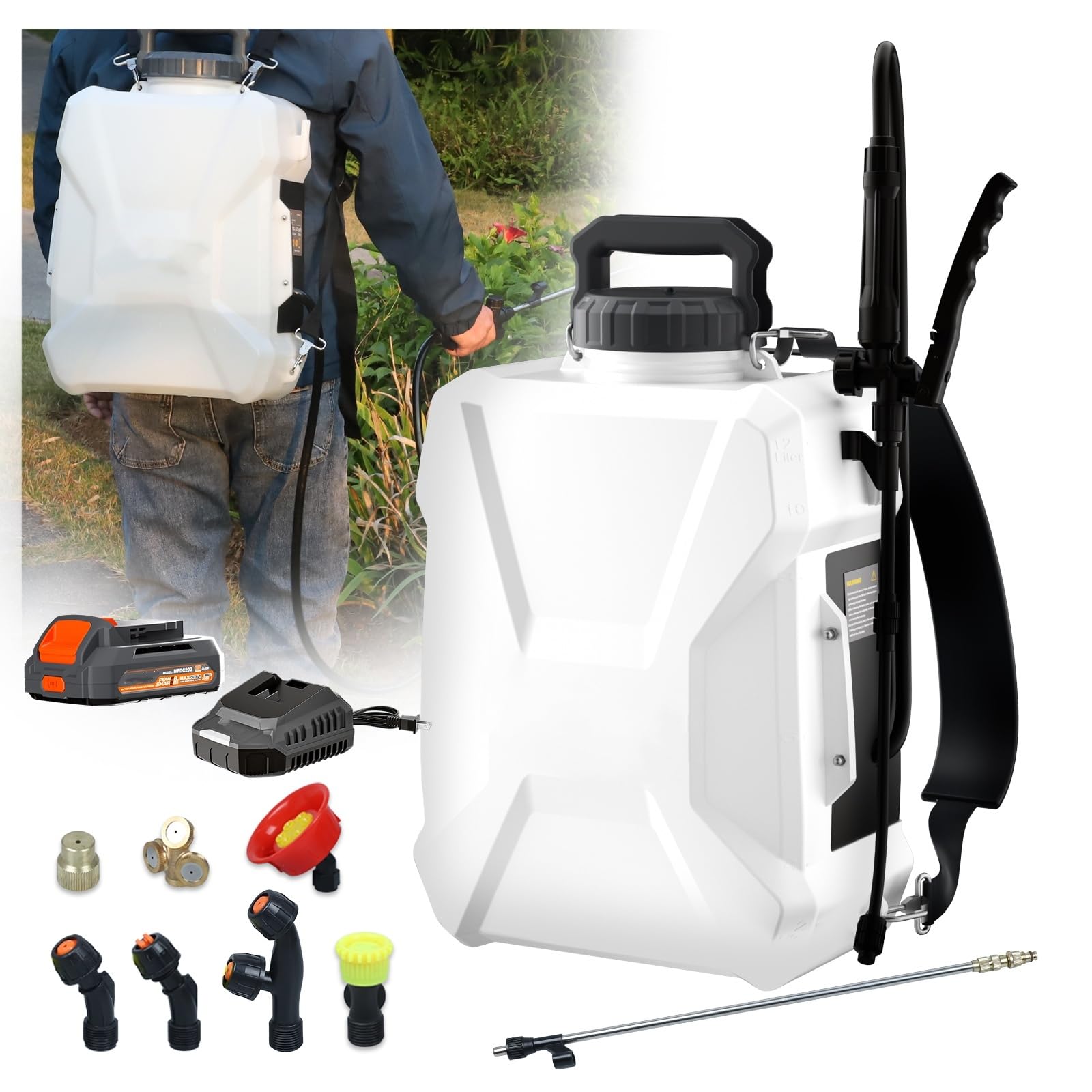 3 Gallon Battery Powered Backpack Sprayer Compatible with Dewalt 20V Battery, 55PSI Electric Garden Sprayer w/ 20V 2.0Ah Battery, 7 Nozzles, 2 Wands, Backpack Weed Sprayer for Lawn, Garden, Cleaning