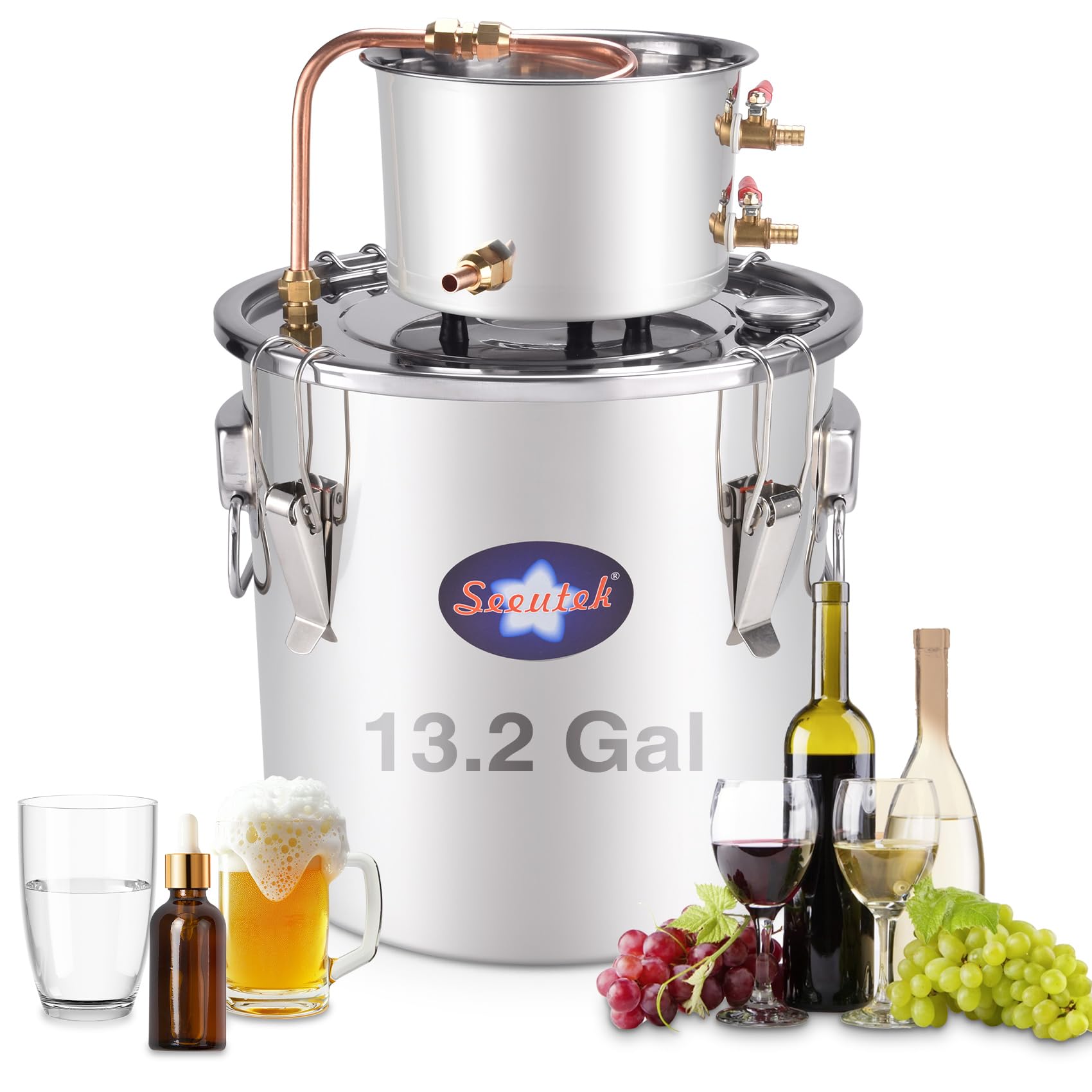 Seeutek Alcohol Still 13.2 Gal 50L Water Alcohol Distiller Spirits Kit w/Circulating Pump, Copper Tube & Dual Display Thermometer, Home Brew Wine Making Kit Oil Boiler Stainless Steel for DIY Whisky