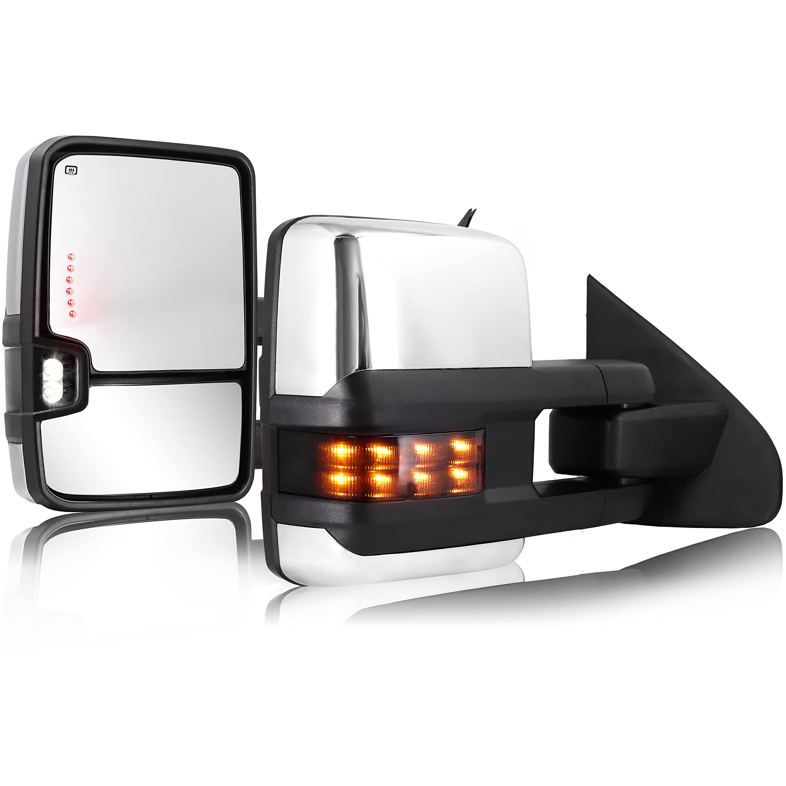 Sanooer Towing Mirrors Chrome for 2014-2018 Chevy Silverado GMC Sierra 1500 2500 HD 3500 HD with Power Glass LED Arrow Turn Signal Light Backup Lamp Running Light Heated Extendable Pair Set
