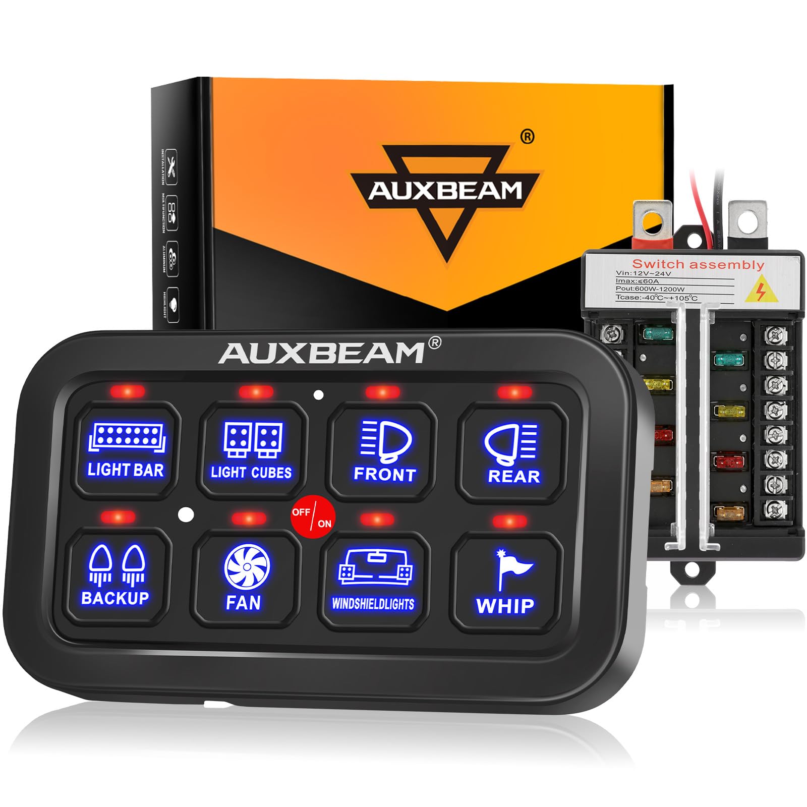 Auxbeam 8 Gang Switch Panel BB80 Universal Circuit Control Relay System Automatic Dimmable LED Switch Control Panel Switch Pod Touch Switch Box for Car Truck Offroad ATV SUV - Blue, 2 Years Warranty