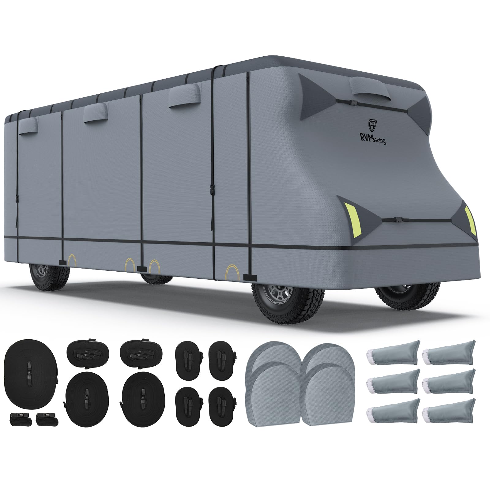 RVMasking 7 Layers Top Class C RV Cover for 26'1"-29' Motorhome Heavy Duty Windproof Rip-Stop Anti-UV with 4 Tire Covers & Gutter Spout Cover