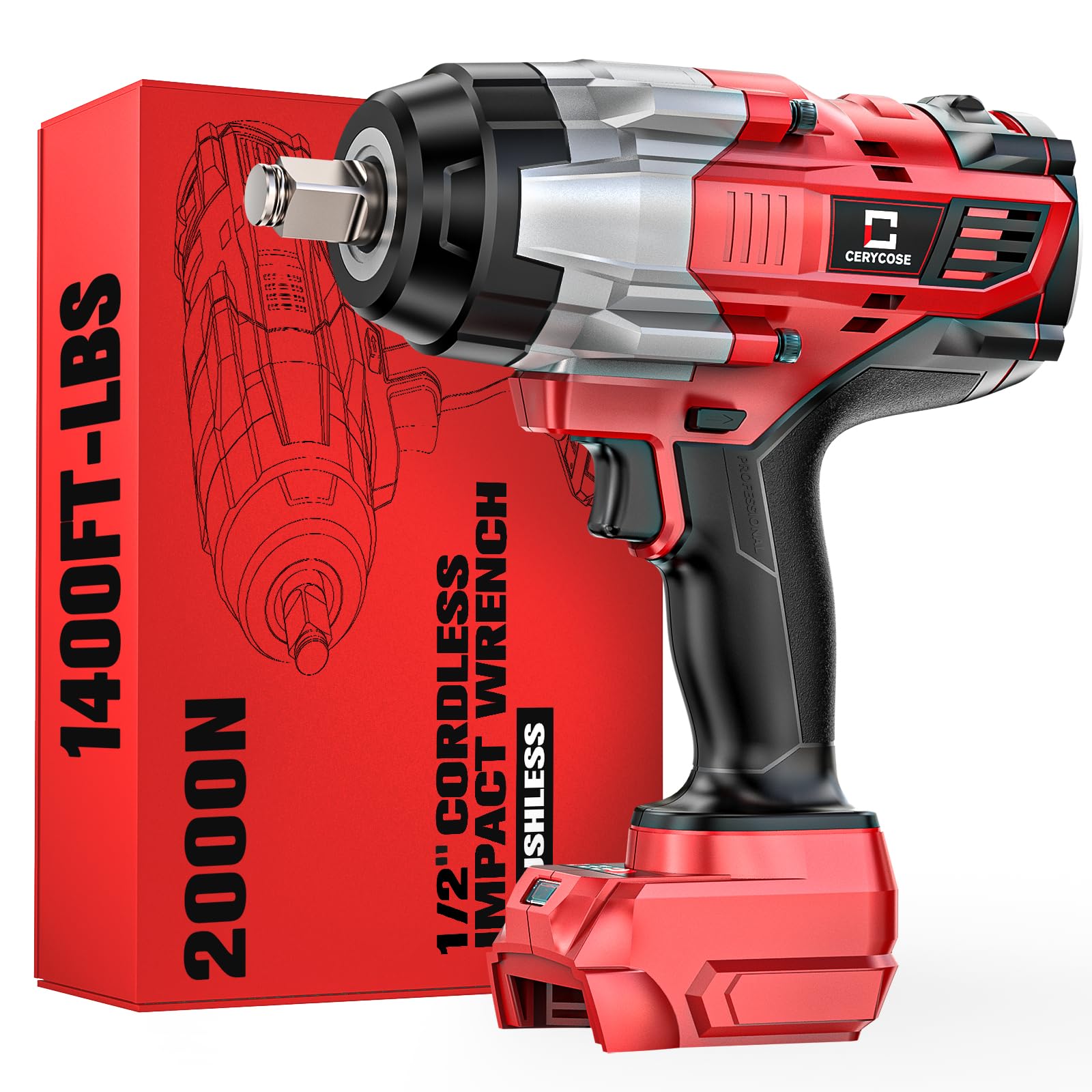 Cordless Impact Wrench 1/2 inch for Milwaukee 18V Battery: 1400FT-LBS High Torque Impact Wrench Heavy Duty Tool - Brushless Electric Impact Gun Includes LED Work Light - Bare Tool Only