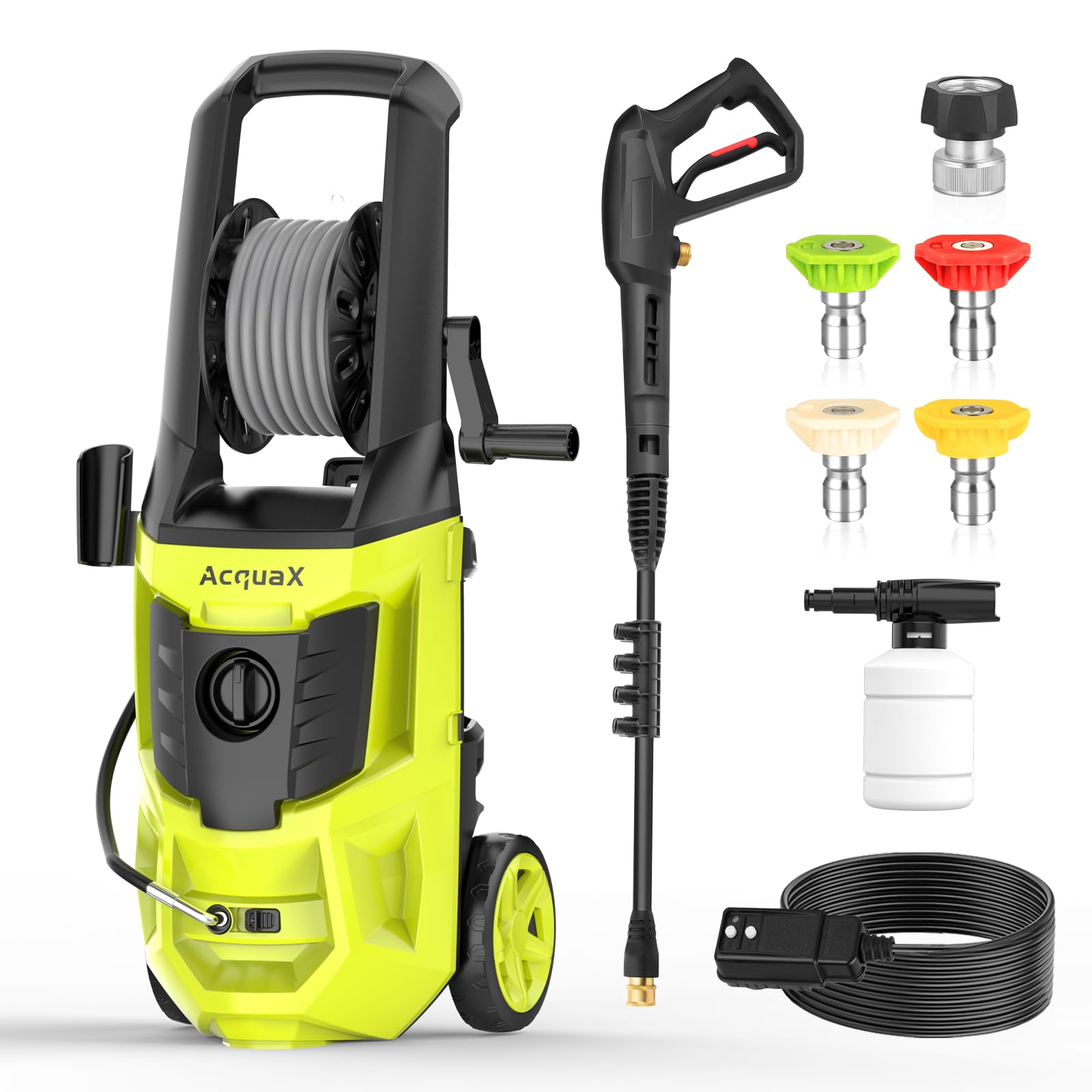 AcquaX Electric Pressure Washer with Hose Reel, 4800PSI Max 4.0 GPM Power Washer High Pressure Cleaning Machine with 20FT Hose 35FT Cord Foam Cannon 4 Nozzles for Clean Cars Fences Patios