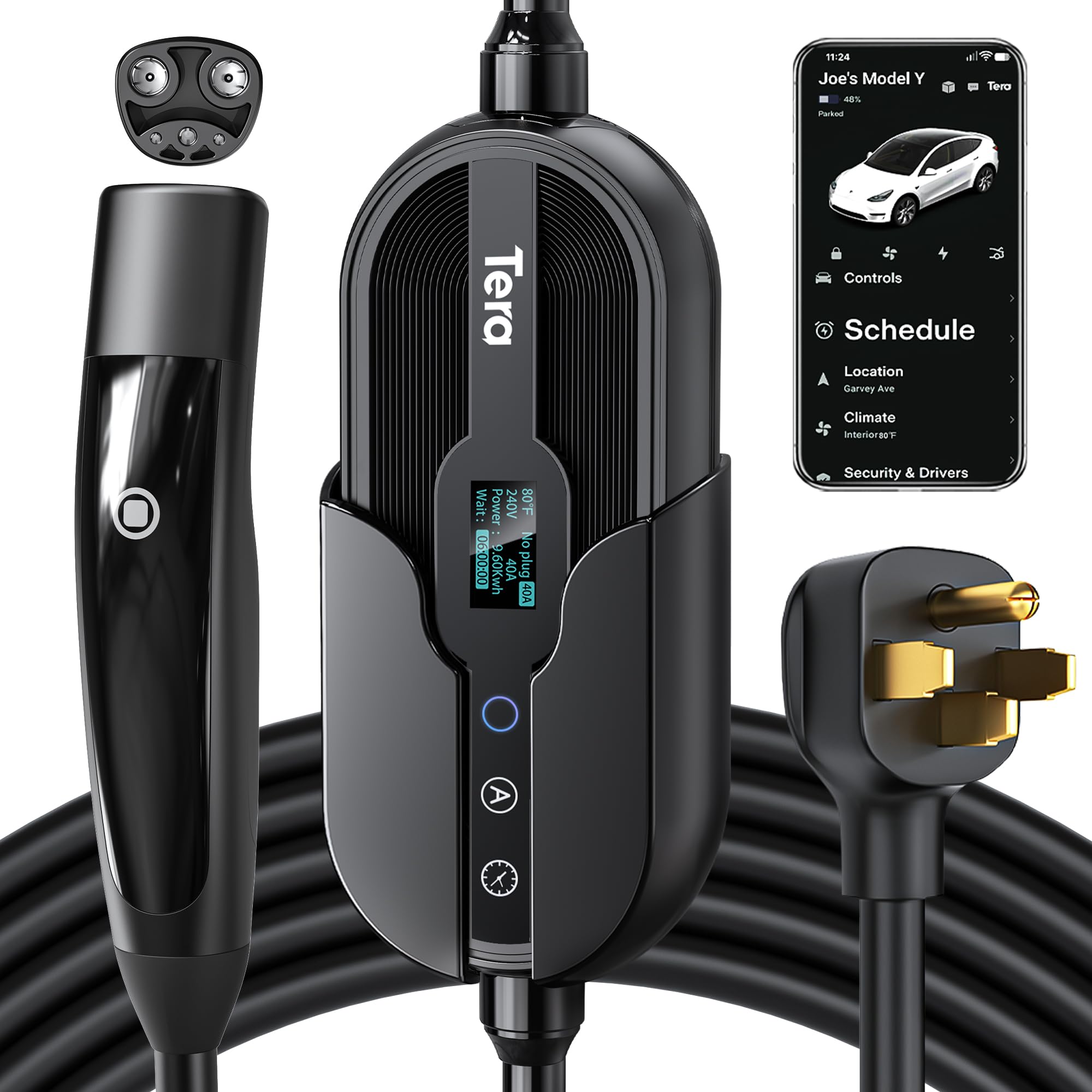 Tera Electric Vehicle Charger for Tesla: Level 2 40A 240V ETL FCC Certified Button Release for All NACS 3 Y S X NEMA 14-50 Plug Portable & Wall Connector Dual Use Wi-Fi Enabled 25FT Cable