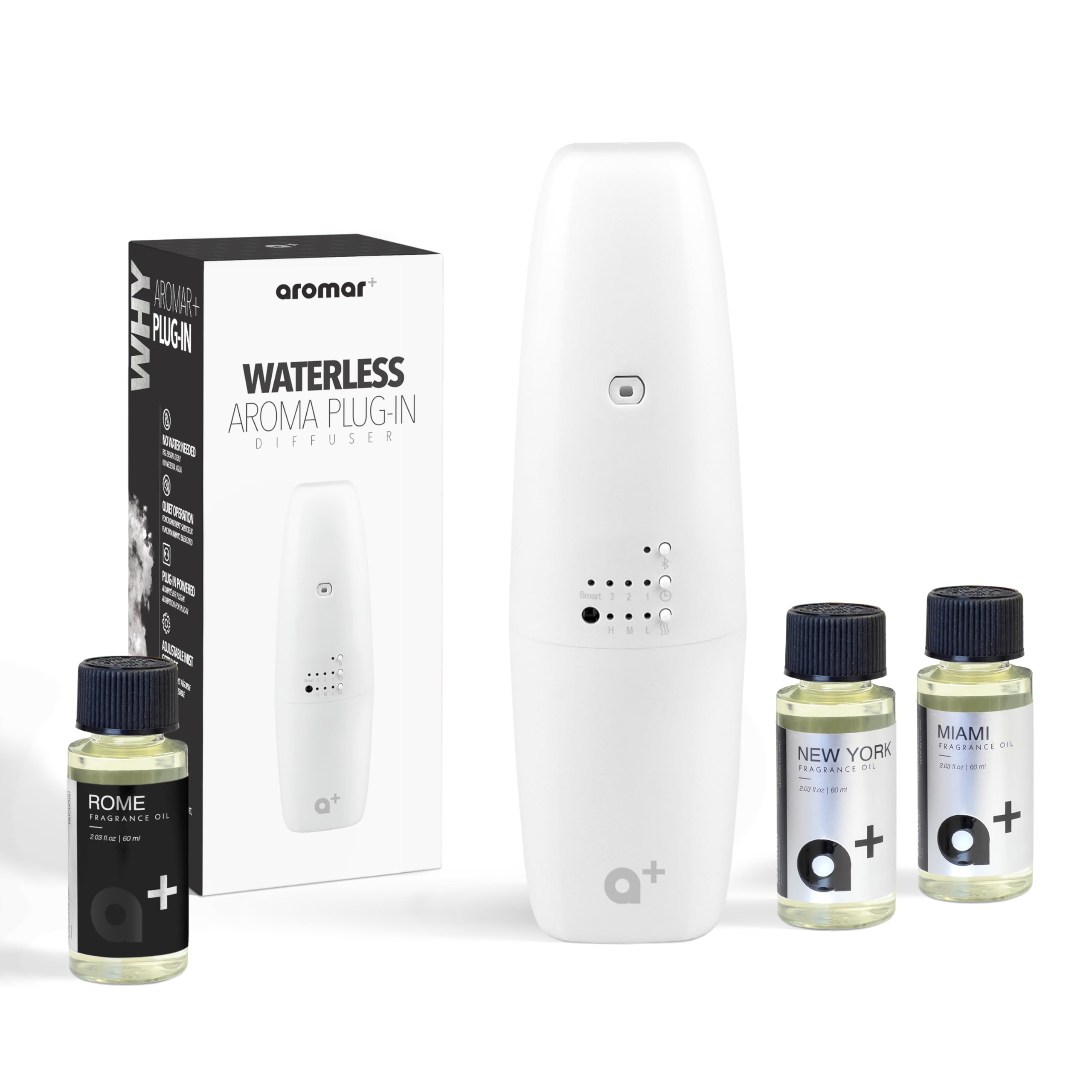 AROMAR Waterless Plug-in Aroma Diffuser – App-Controlled, Covers 1000 Sq.Ft – Featuring Miami, New York & Rome – Inspired by The Iconic Scents of Ritz Carlton, 1 Hotel & Santal – White