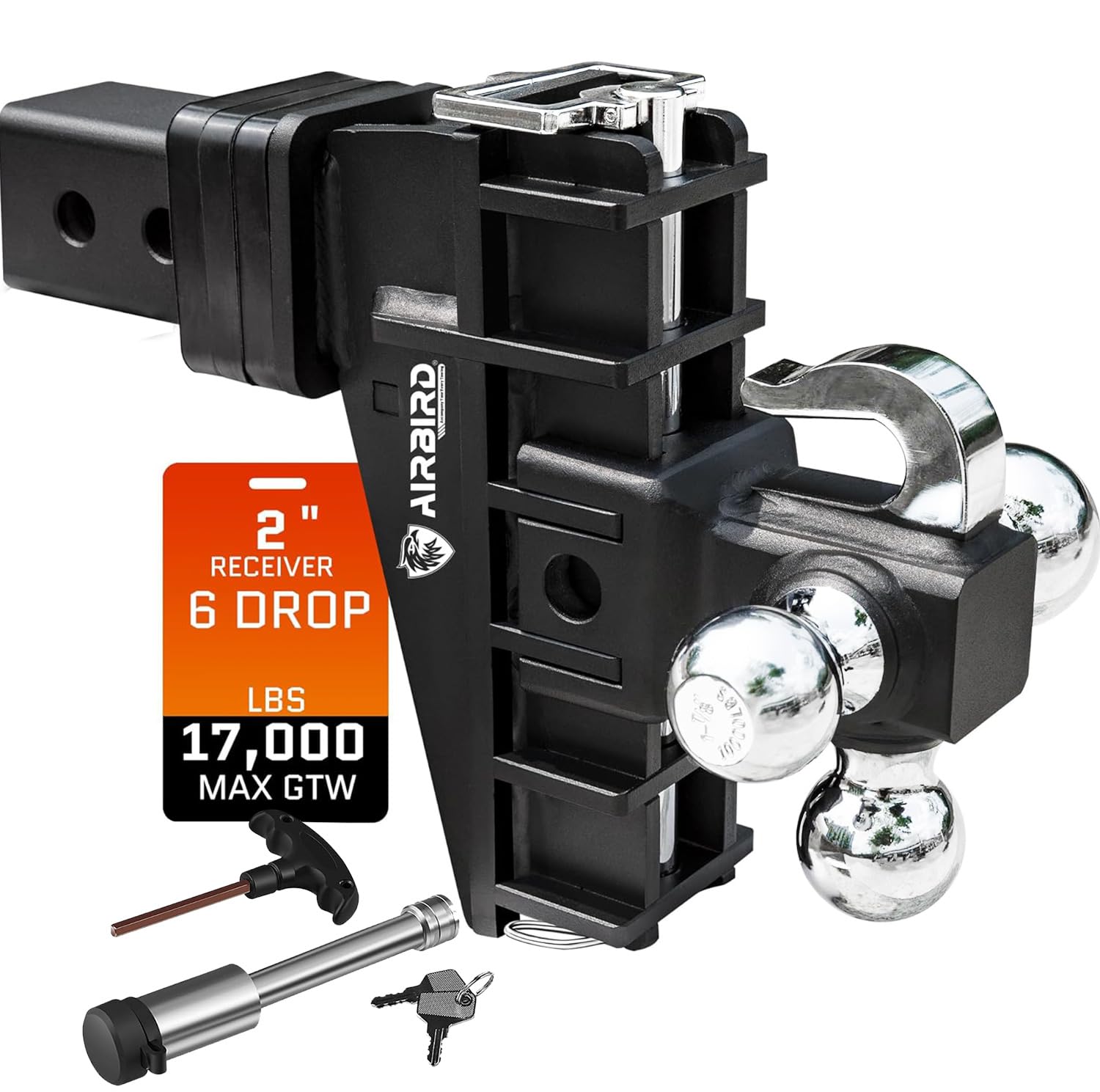 Airbird Adjustable Trailer Hitch Fits 2-Inch Receiver, Heavy Duty Tow Hitches (17000 LBS GTW) 6 Inch Drop Truck Hitch Tri-Ball Mount with Hook (1-7/8" x 2" x 2-5/16")…