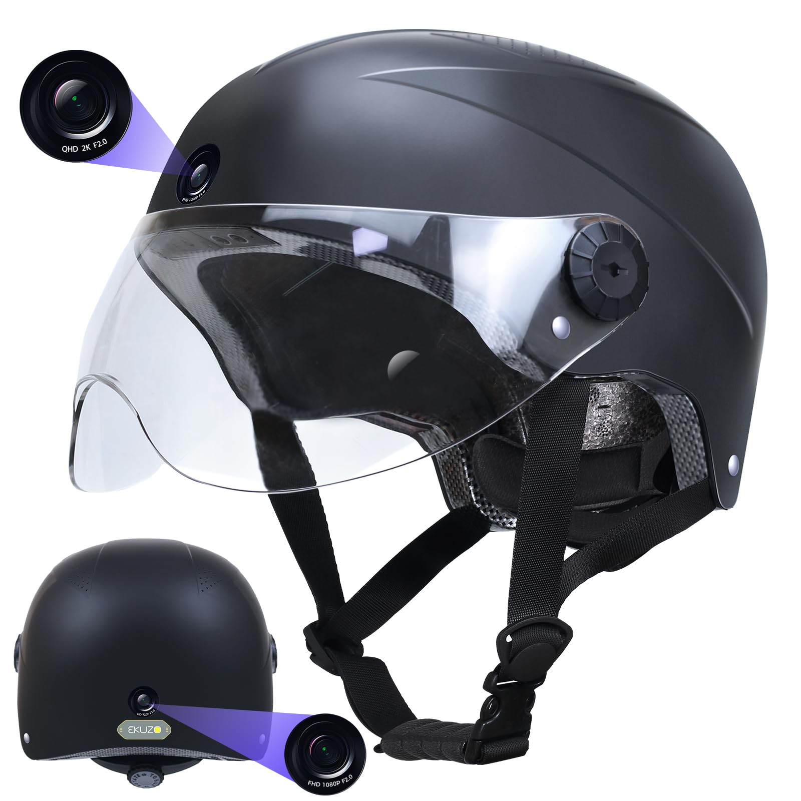 EKUZO DC2 Smart Bluetooth Helmet with Cameras Front & Rear HD Video Recorder for Riding Ebike Electric Scooter,CPSC Certified Adult Bicycle Helmets for Cycling(Black)