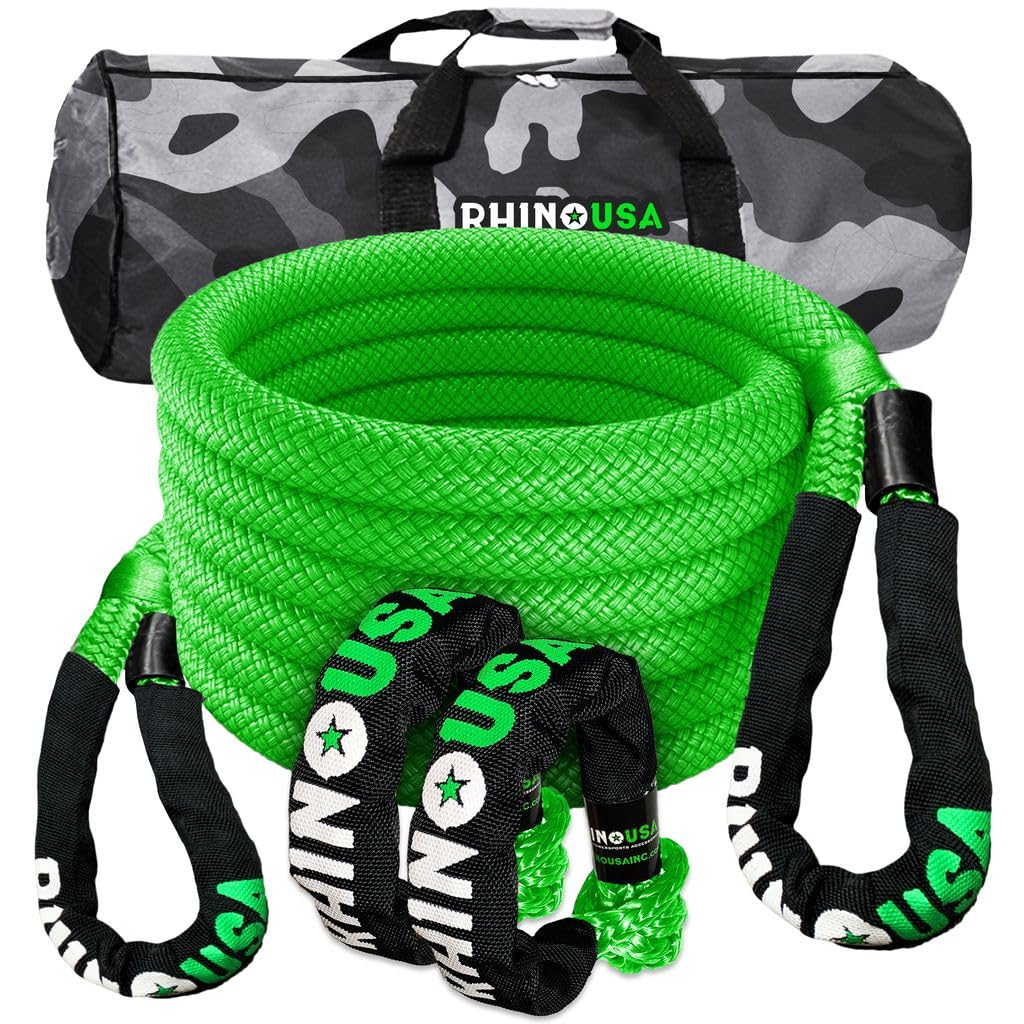 Rhino USA Kinetic Rope Recovery Kit (7/8in x 30ft) - Heavy Duty Offroad Snatch Strap - Includes 2 Soft Shackle for UTV, ATV, Truck, Car, Jeep, Tractor