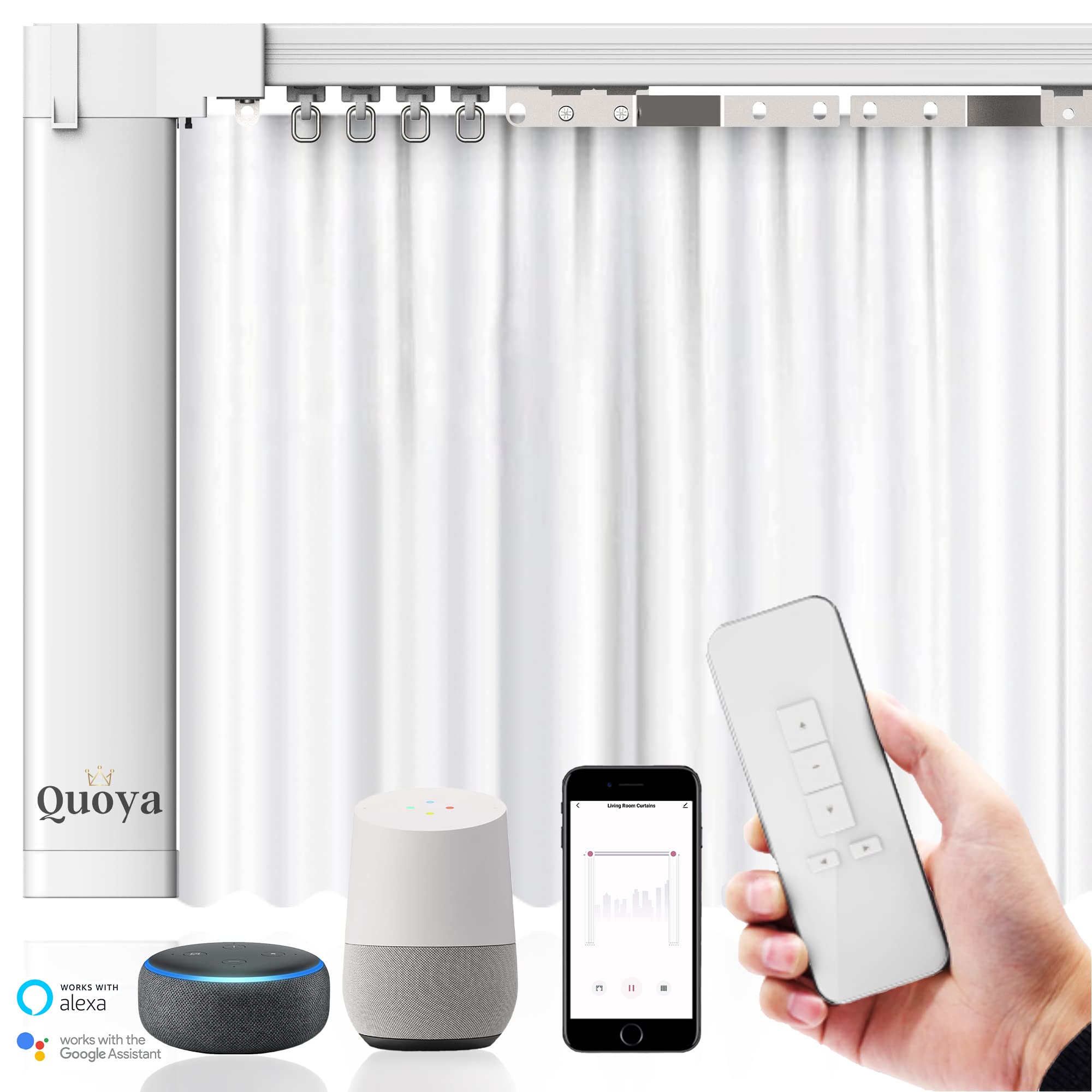 Quoya Smart Electric Curtain Track AT5810【Up to 5m (196in) - Motorised and Adjustable 】, with Automated Rail Motor with App, Voice, Remote Control, Compatible with Alexa, Google and Siri