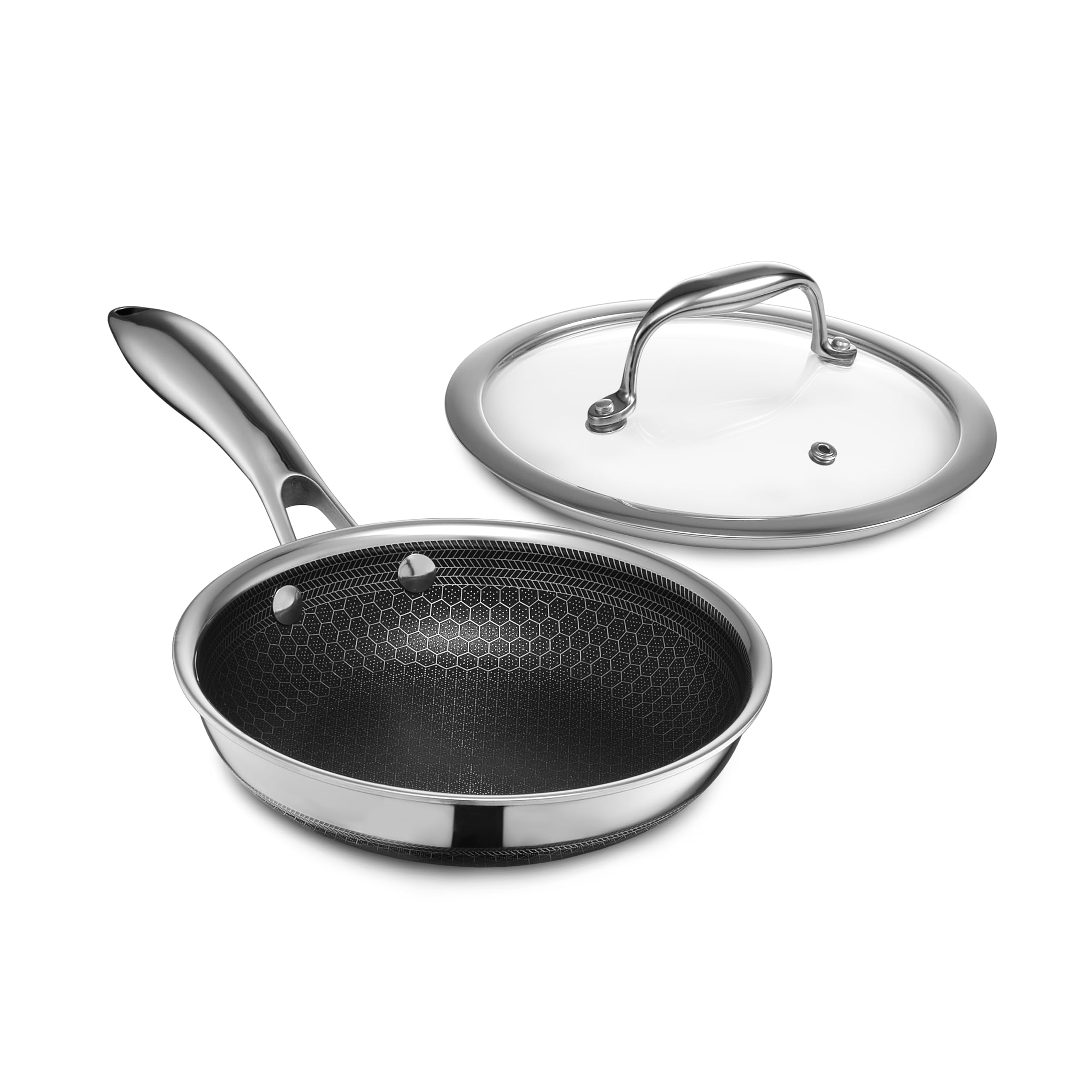 HexClad Hybrid Nonstick 7-Inch Frying Pan with Tempered Glass Lid, Stay-Cool Handle, Dishwasher-Friendly, Oven-Safe Up to 900°F, Induction-Ready, Compatible with All Cooktops