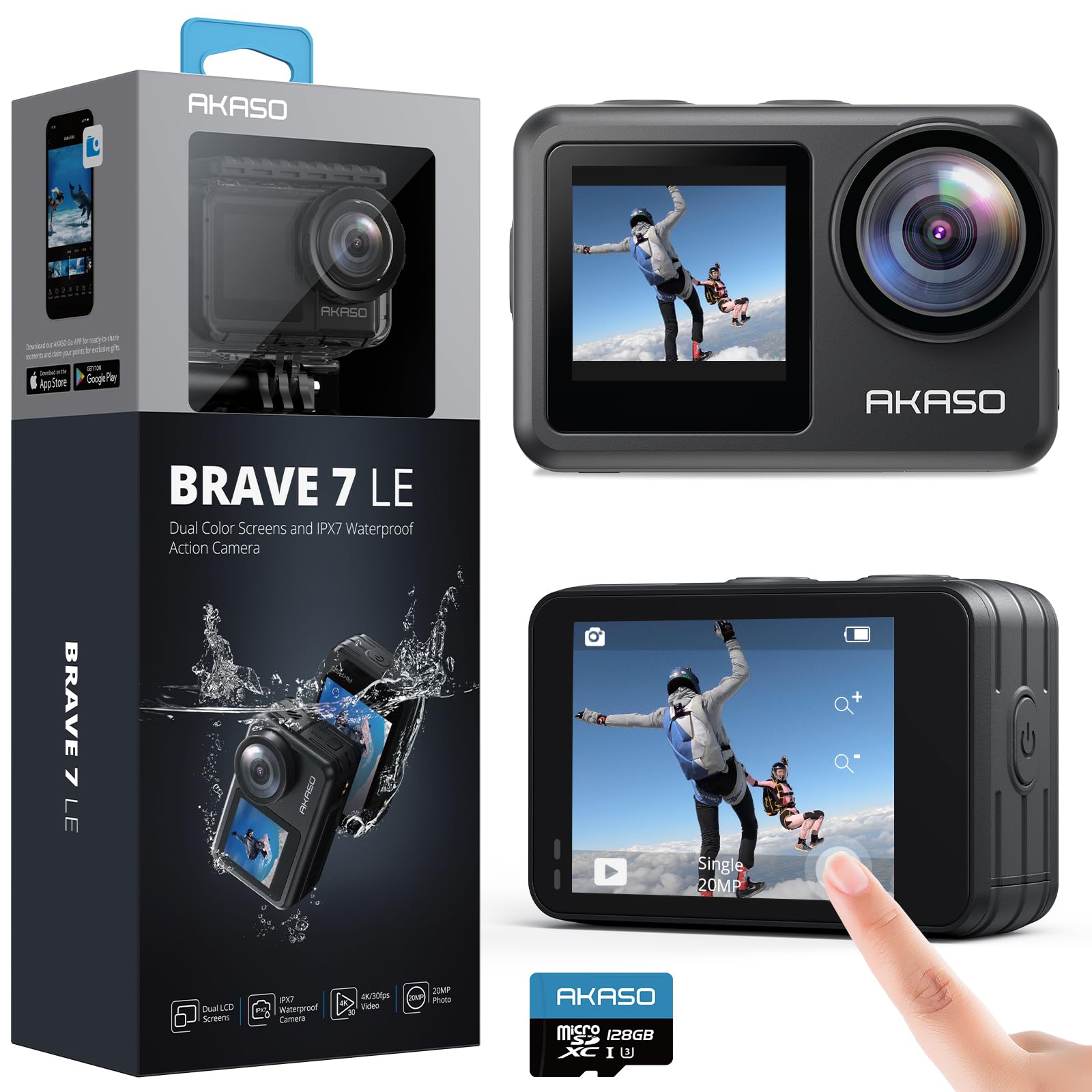 AKASO Brave 7 LE 4K30fps Action Camera with 128GB MicroSDXC U3 Memory Card Accessories Kit Bundle Ultra HD 131FT Waterproof Camera EIS 2.0 WiFi Remote Control Zoom Underwater Camera