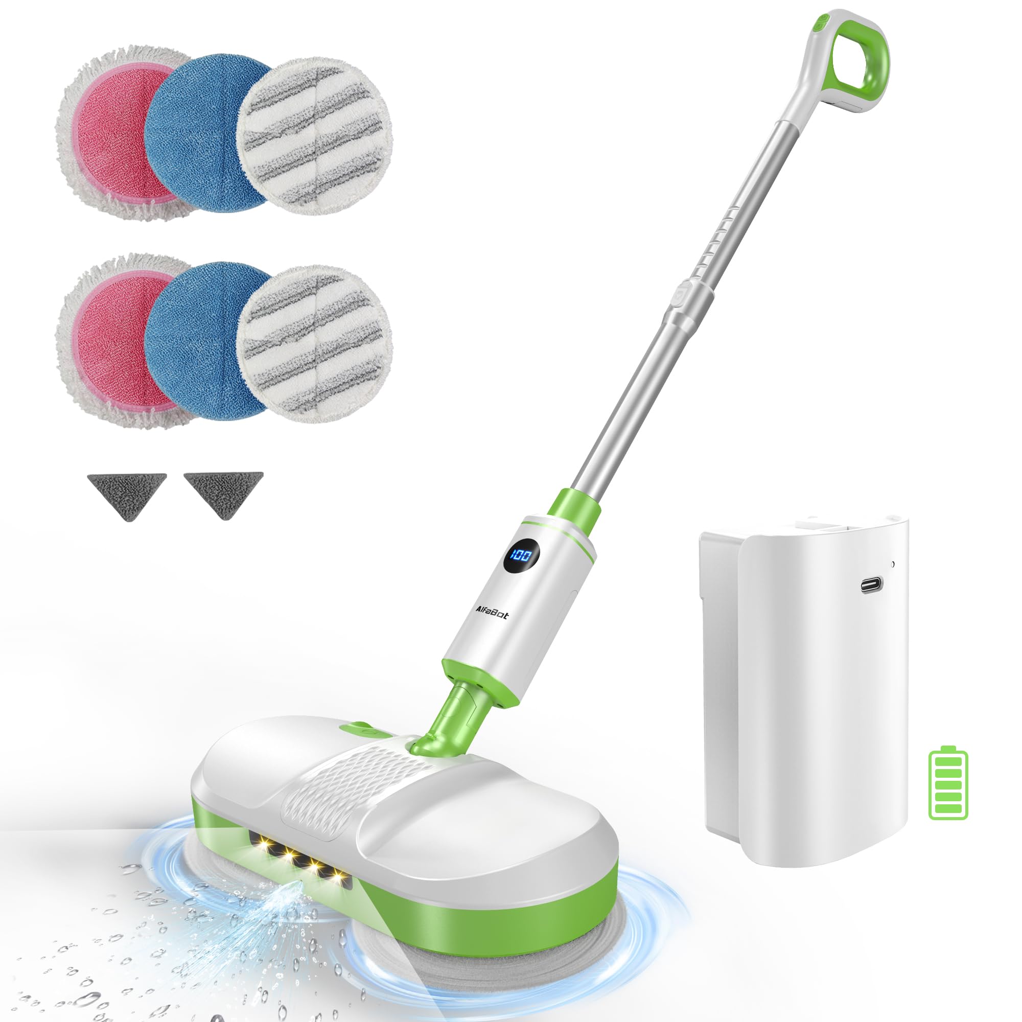 AlfaBot Cordless Electric Mop for Floor Cleaning, Dual Spin Mop with LED Headlight/Water Spray/Self-Propelled,Clean up to 2700 ft²,Rechargeable Electric Mops with Big Water Tank for Multi Floors