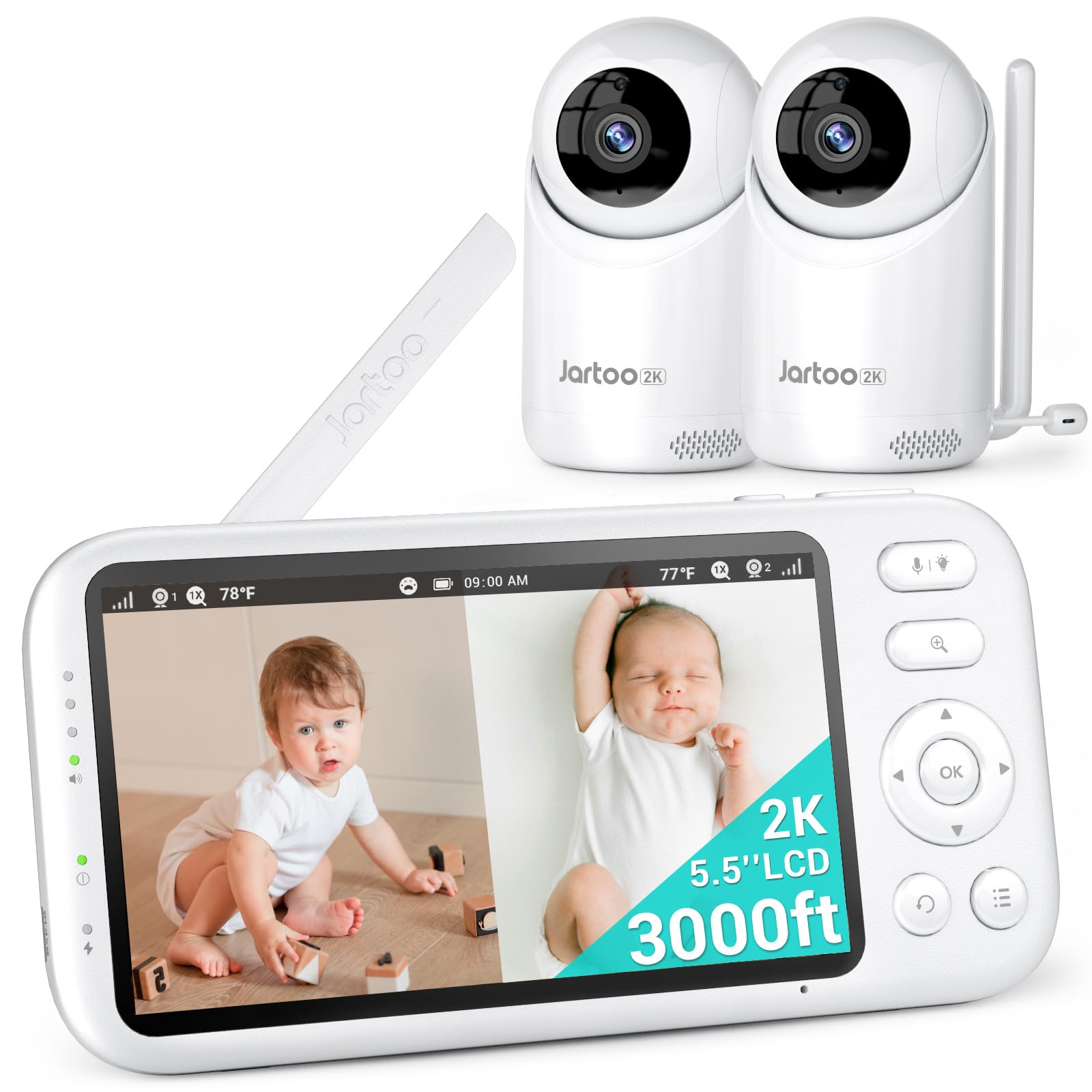 Jartoo 2K Video Baby Monitor with 2 Cameras and Audio, 3000ft Long Range Baby Monitor No WiFi, 5.5" Split Display, VOX - AI Cry Detect, ANR, IR Night Vision, 2-Way Audio, 6000mAh