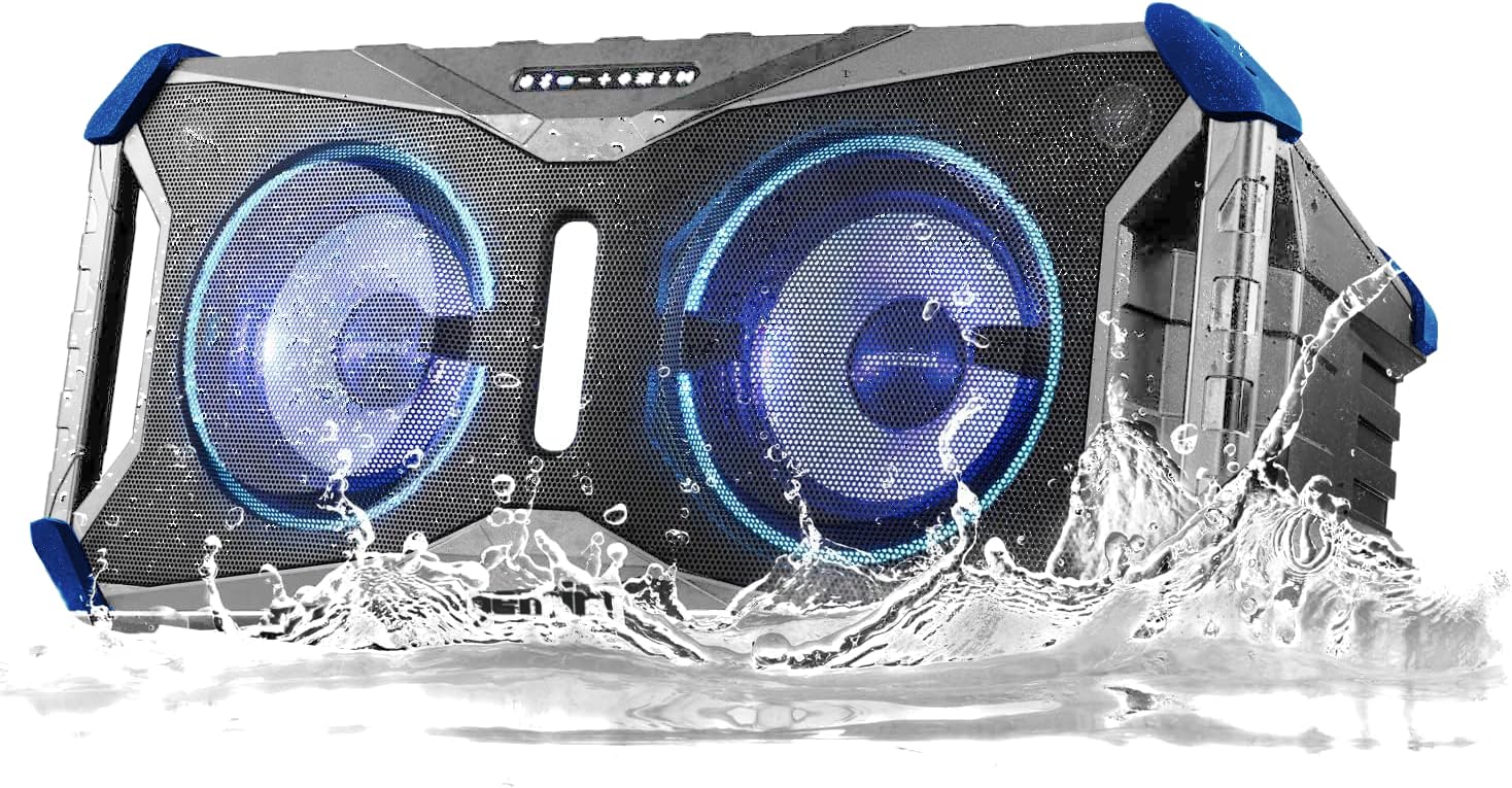 Gemini Sound SoundSplash 400W Floating Waterproof Wireless Bluetooth Speaker, LED Light Show, Dual 8” Woofers & NFC Pairing - Perfect for Pool Parties, Beach, Travel & Home Fun (Gray/Blue)