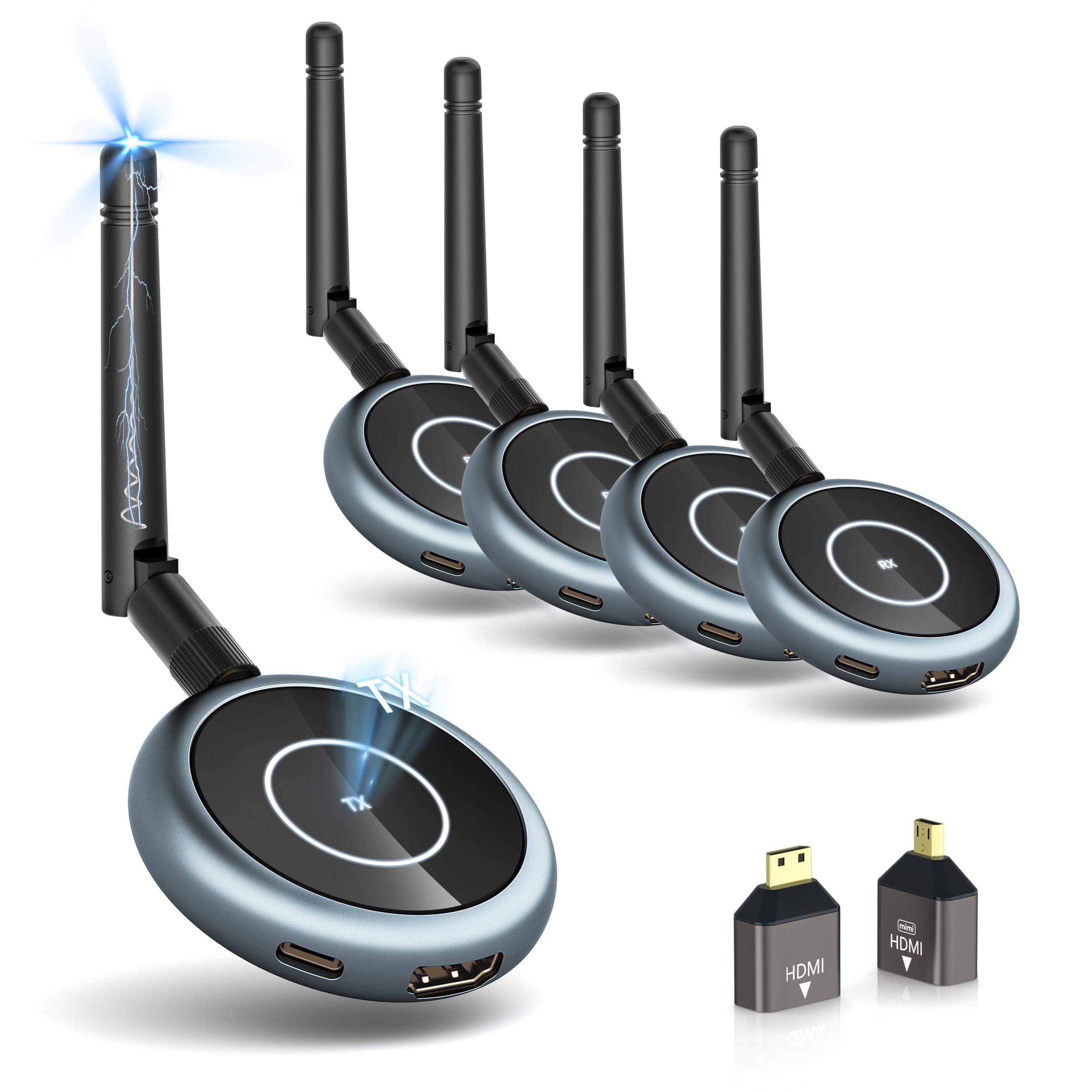 DARLYOR Wireless HDMI Upgrade Transmitter and 4 Receivers, Plug and Play Multiple Tvs, 5.8G/2.4G 1080P@ 60Hz 50M/165FT Stream Video Extender, PC, Laptop, TV Box, Monitors, Projectors (1TX+4RX)